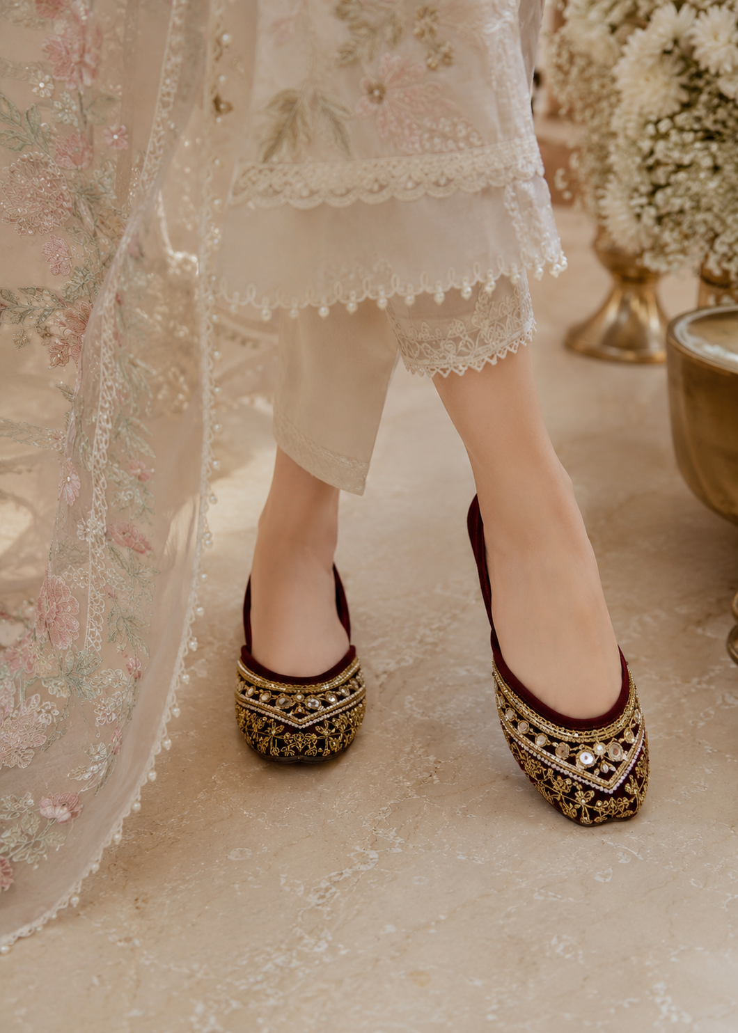 Khussa in Maroon, gold by - High Quality Women Khussa YSG3451