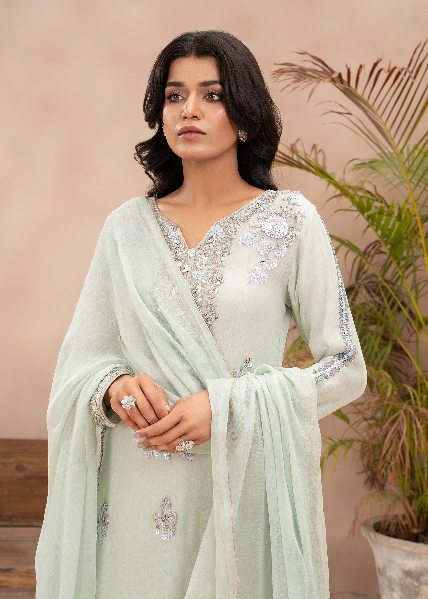 chiffon Kurta Set in Pastel green