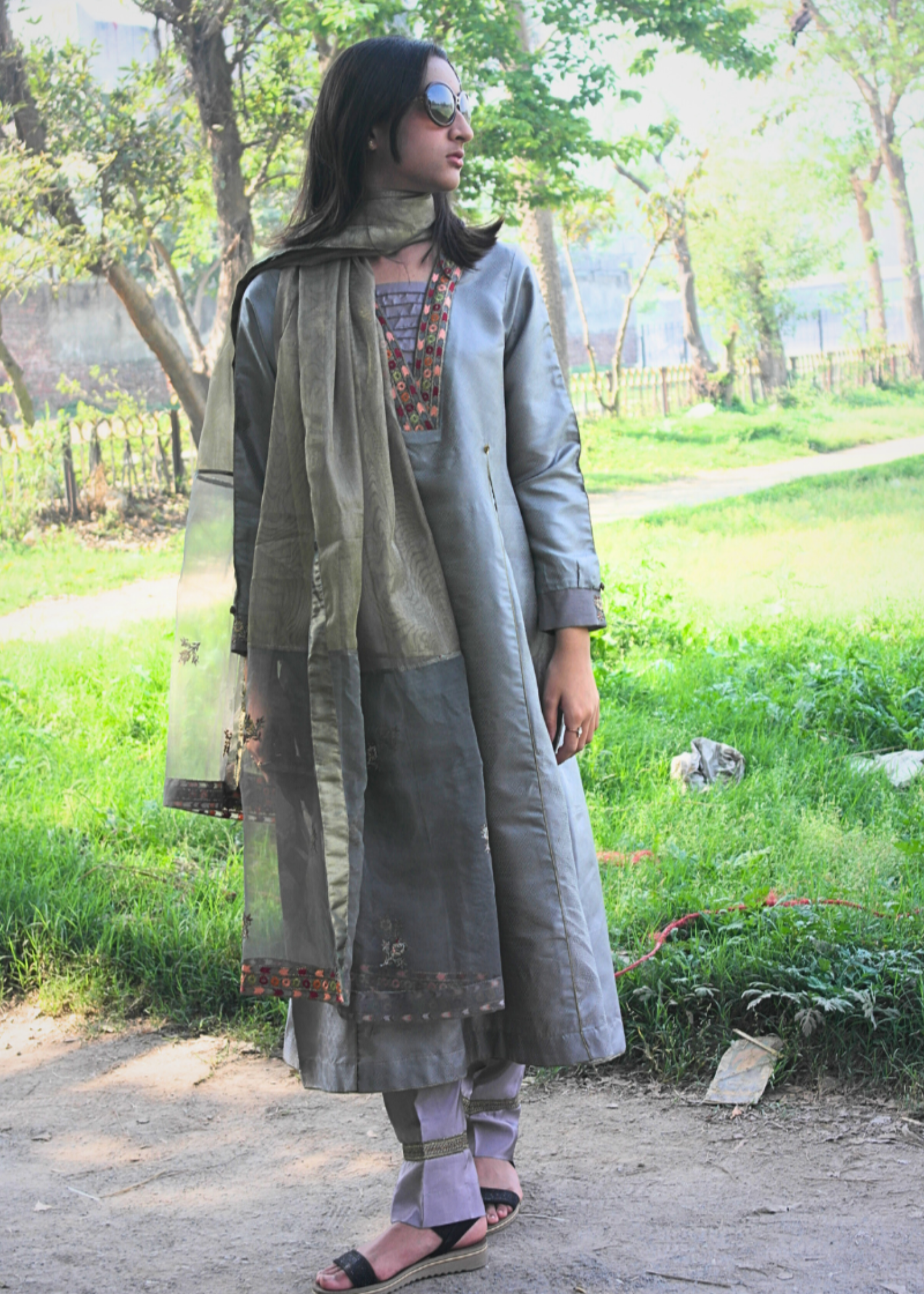 jacquard silk Anarkali in Ash grey