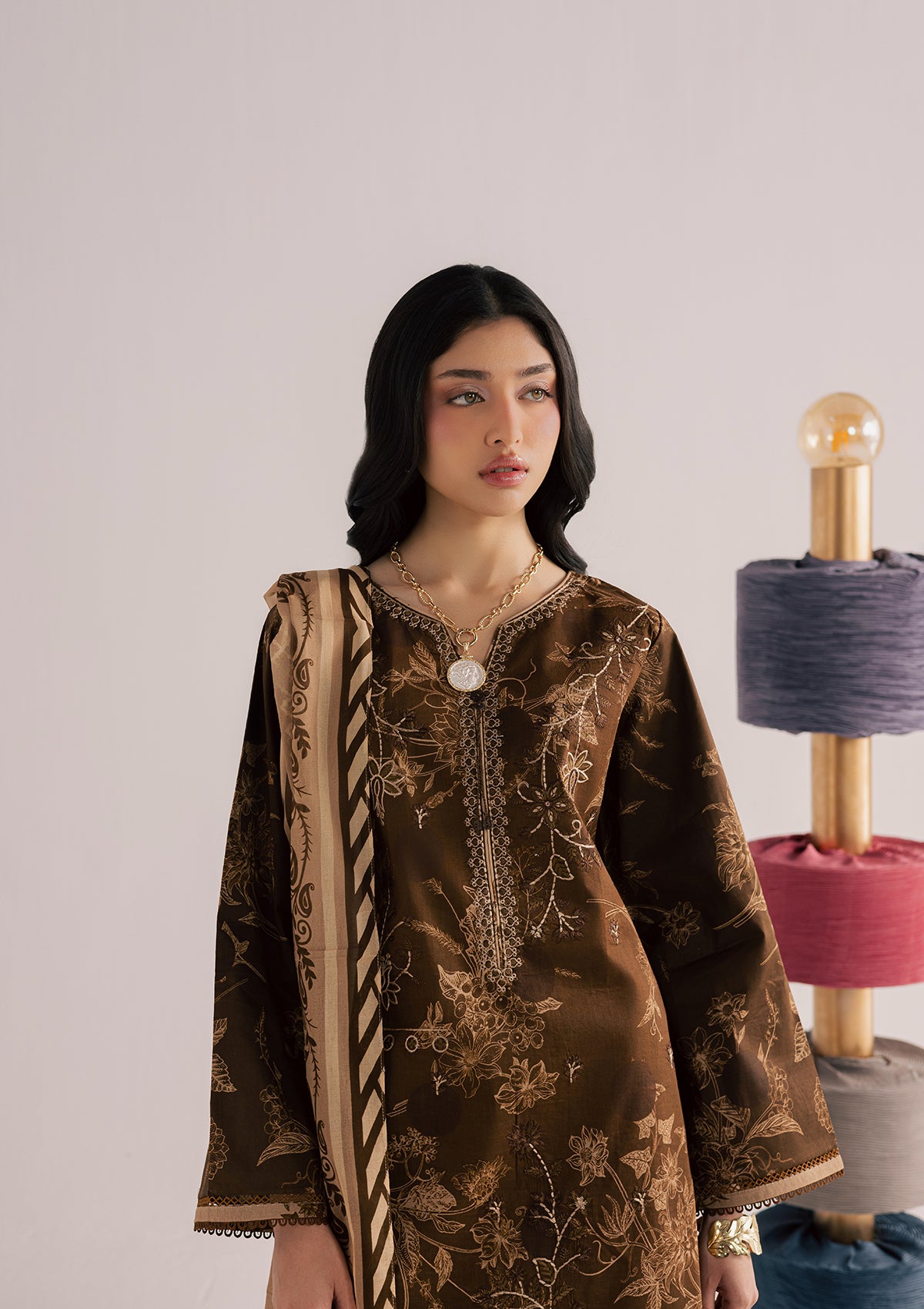 lawn Kurta Set in Dark brown