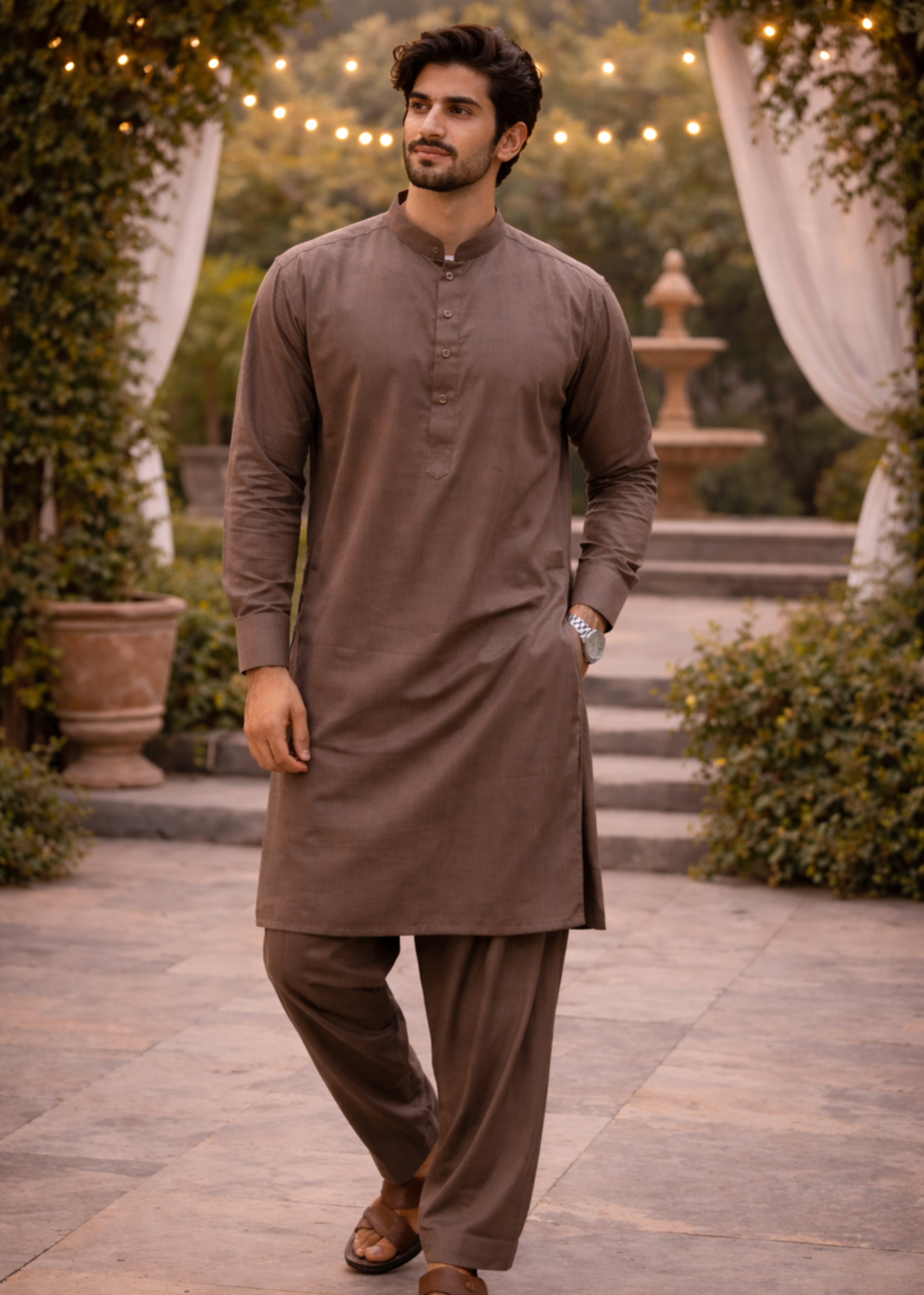 textured wash & wear Shalwar Kameez in Earth brown