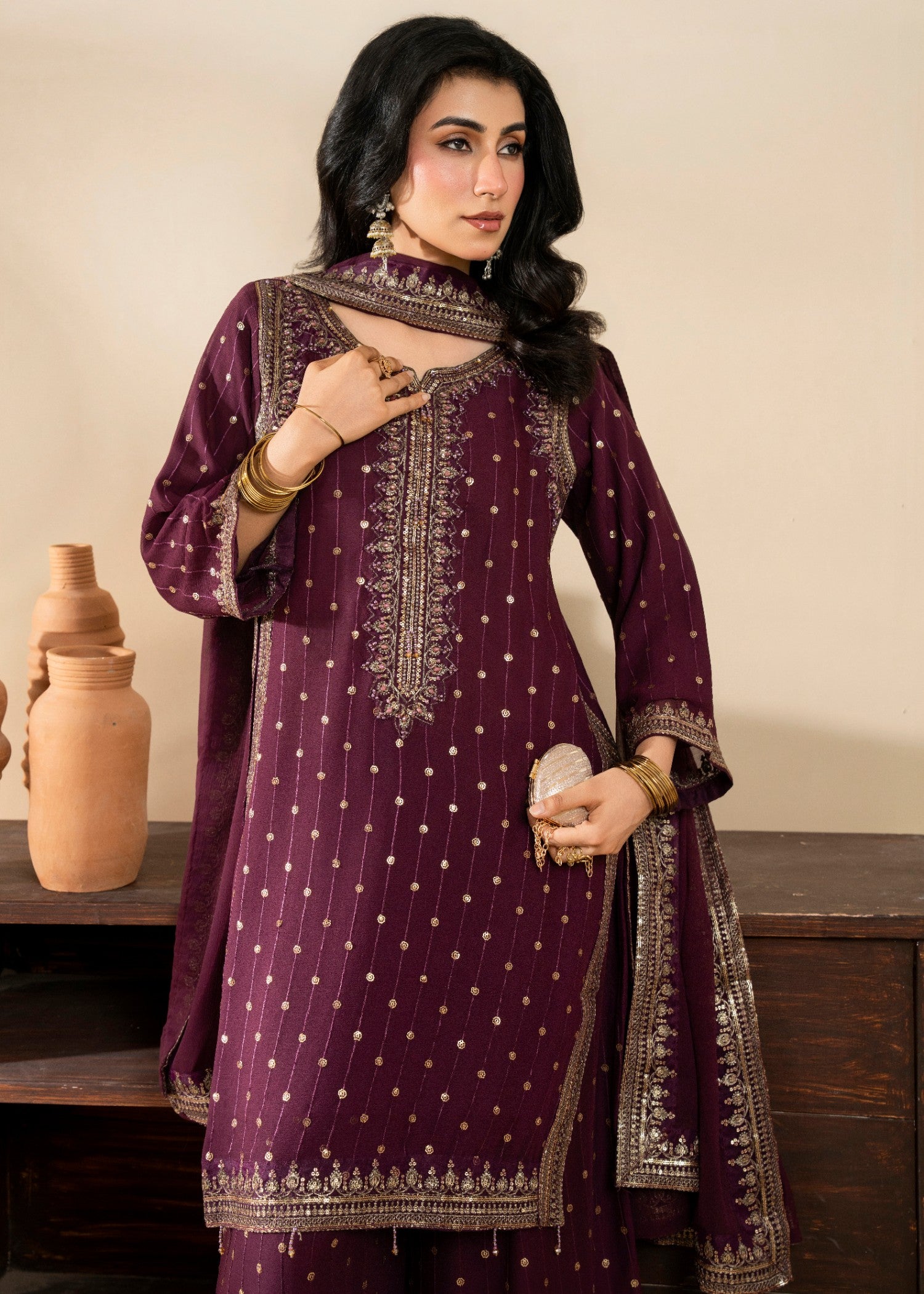 chiffon Kurta Set in Burgundy