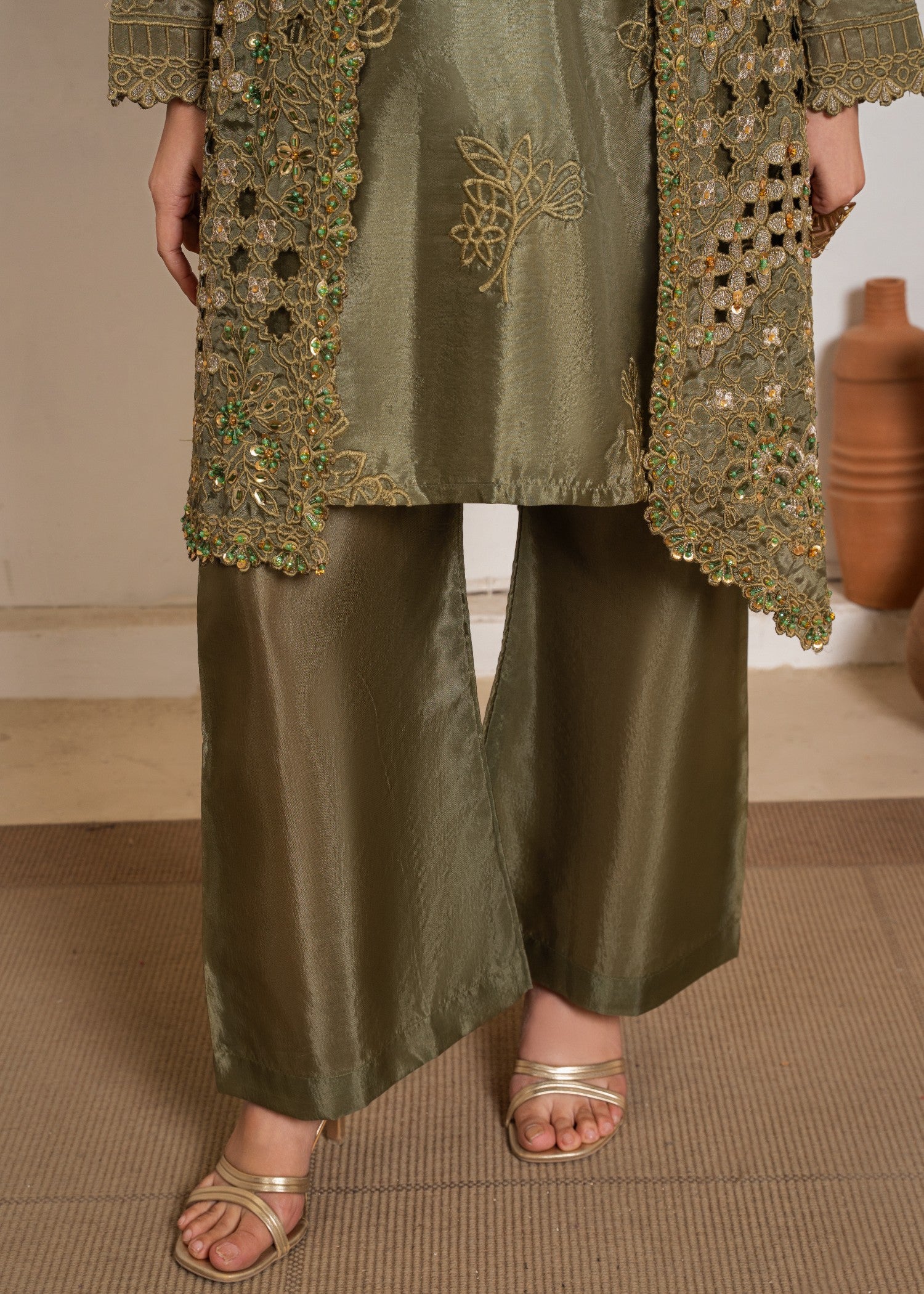 kattan silk Gown in Olive green