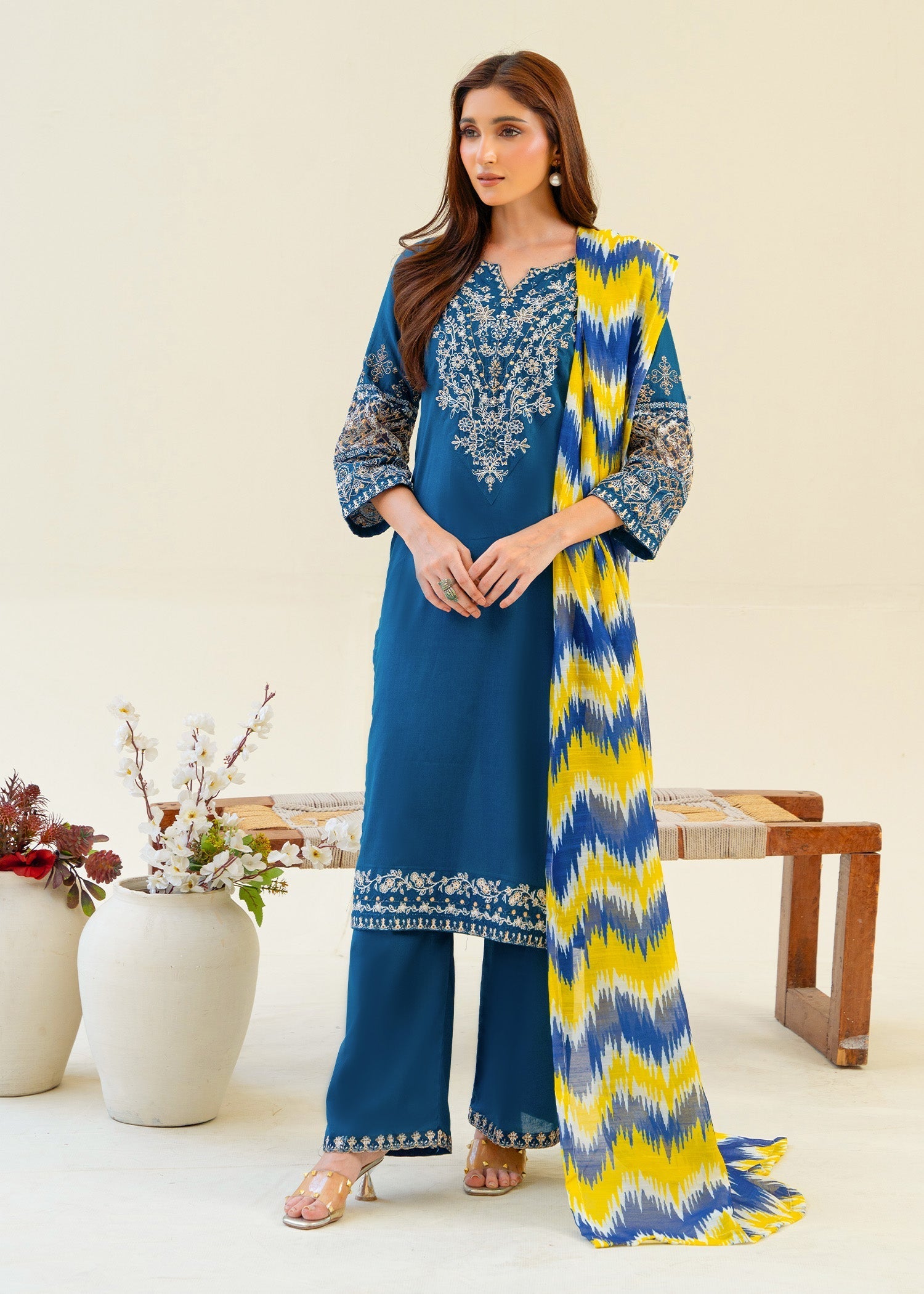 cambric Kurta Set in Teal