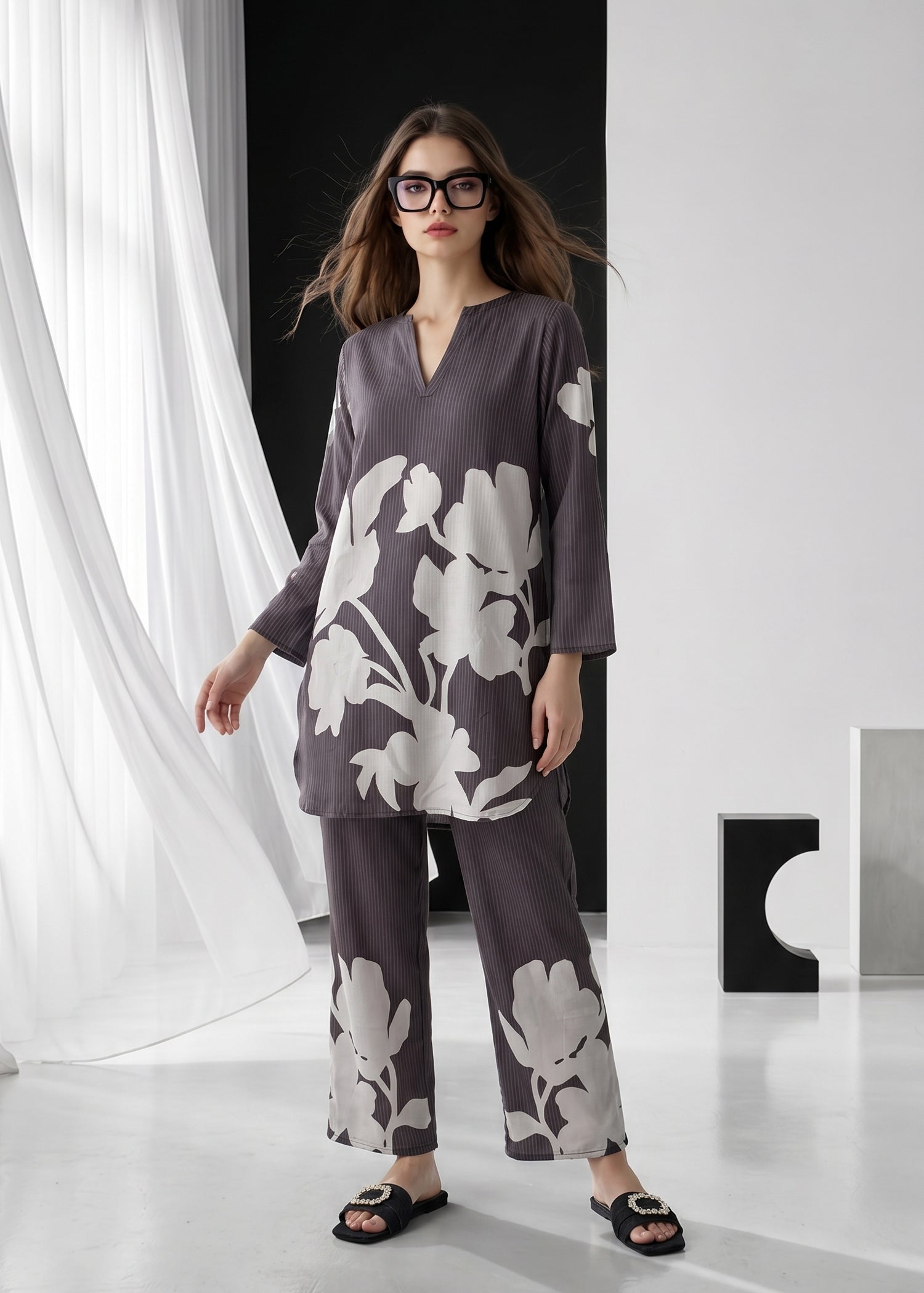 slub lawn Co Ord Sets in Raven grey