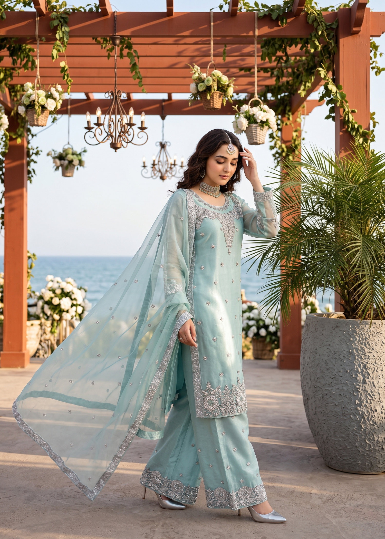 organza Kurta Set in Aquamarine