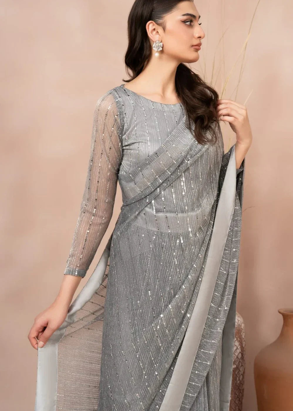 net Saree in Silver