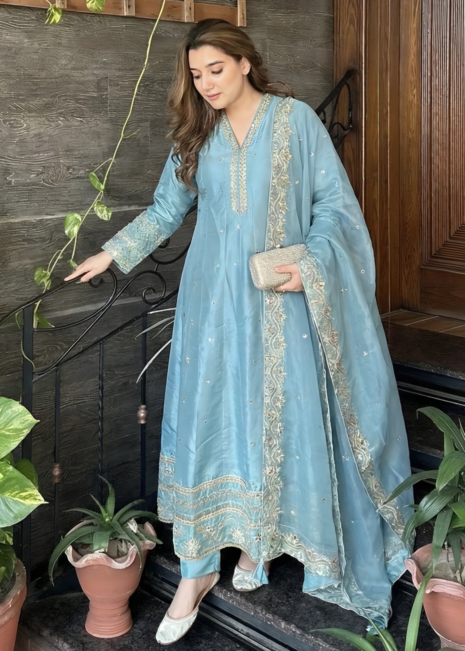 silk Pishwas in Ice blue