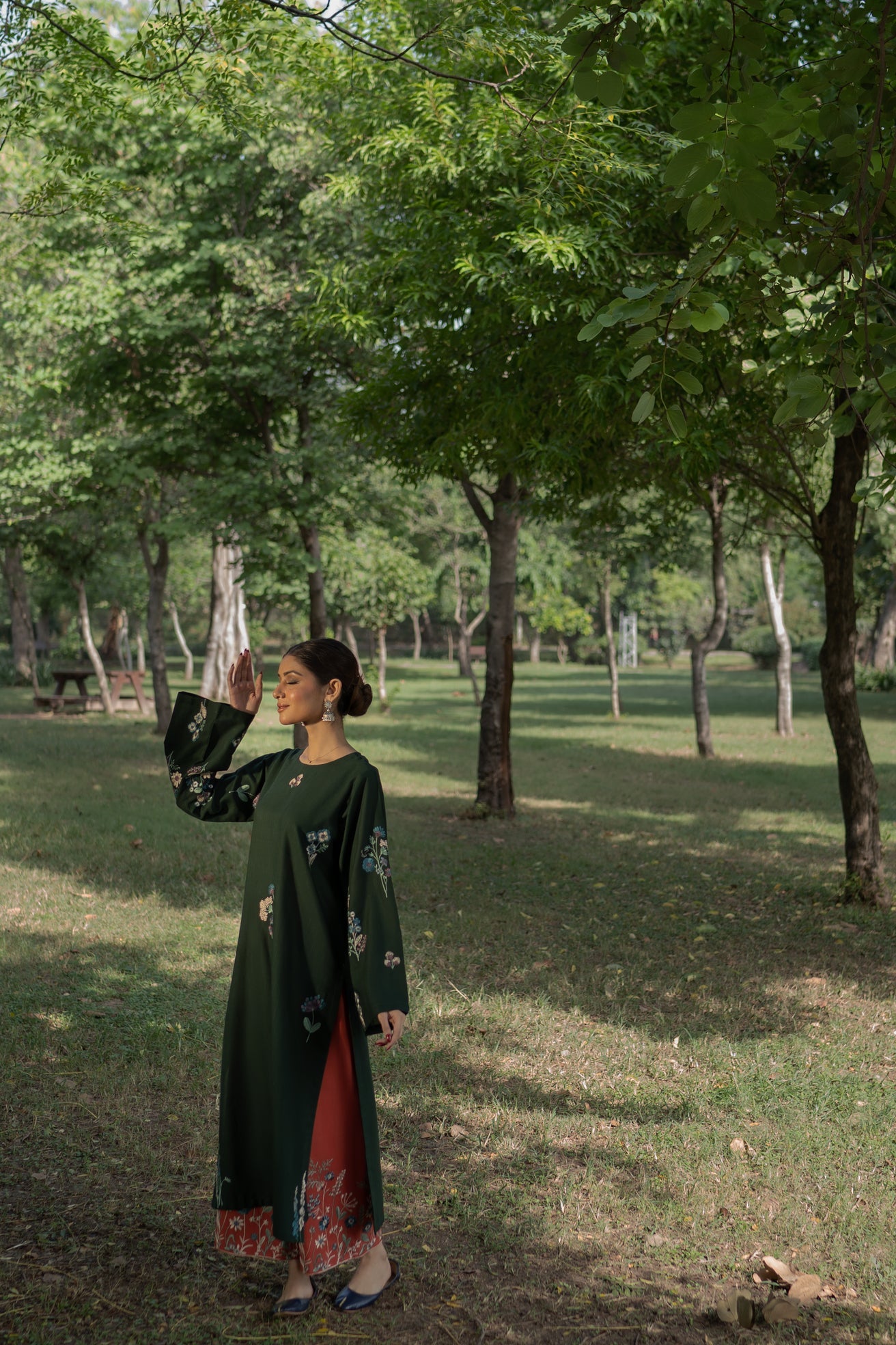 slub khaddar Kurta Set in Rust orange, bottle green