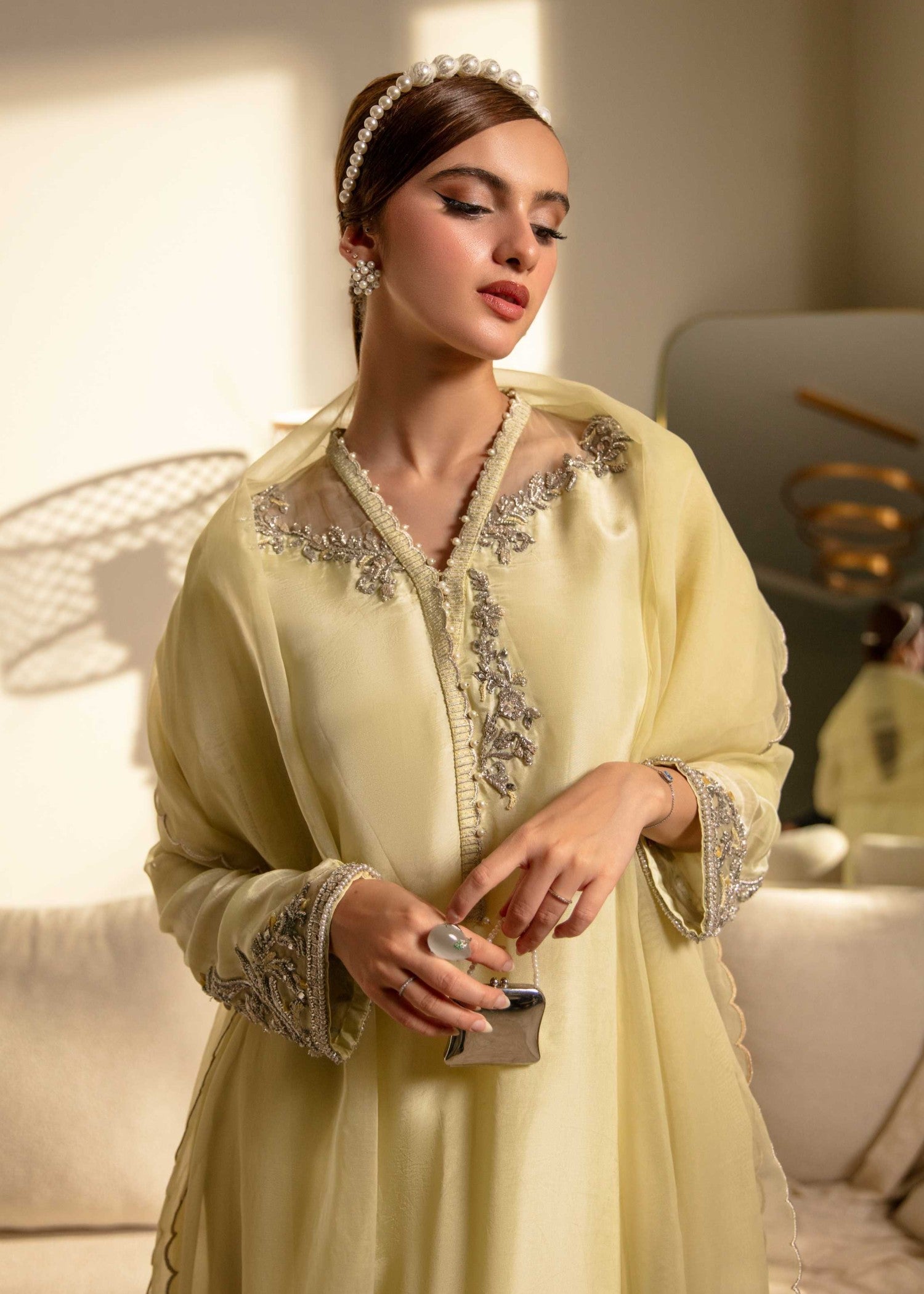 tussar silk Kurta Set in Light yellow