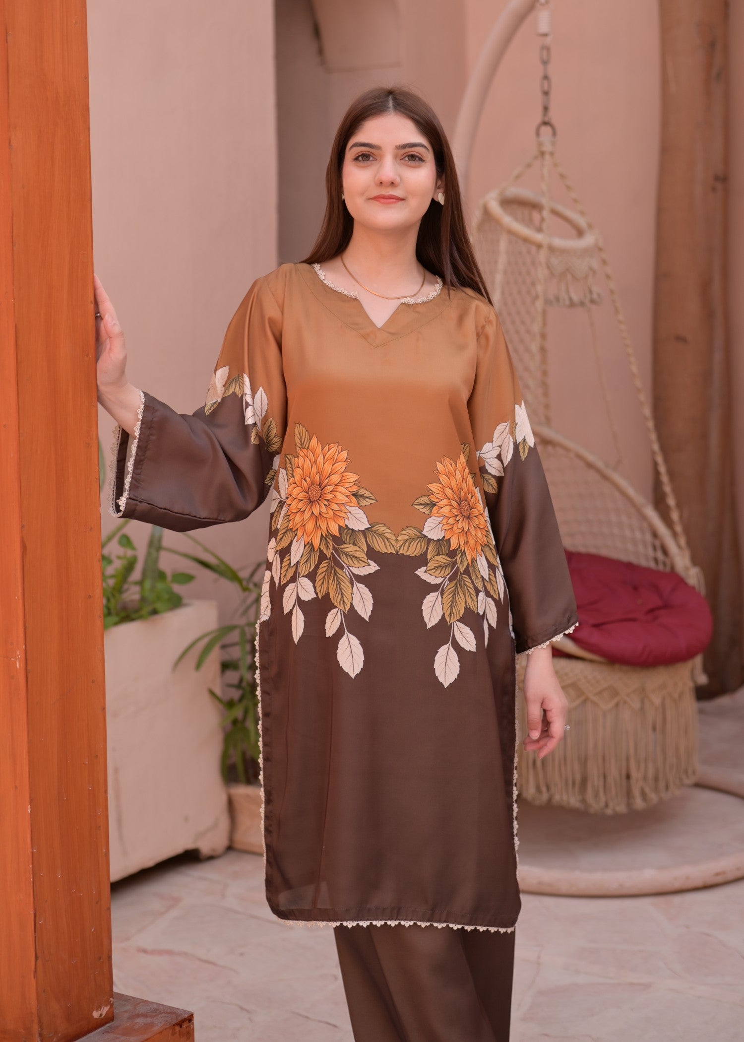 silk charmeuse Kurta Set in Camel brown
