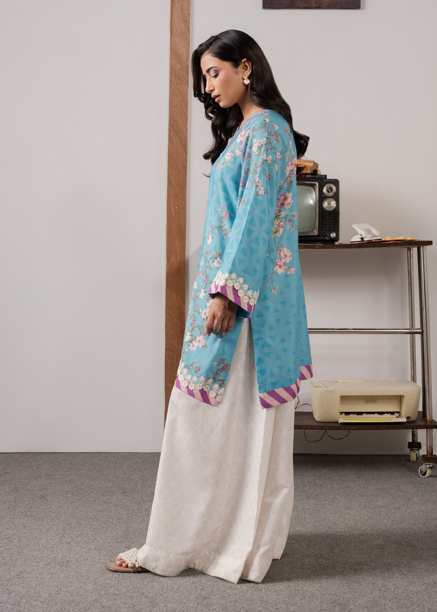poly lawn Kurta Set in Sky blue