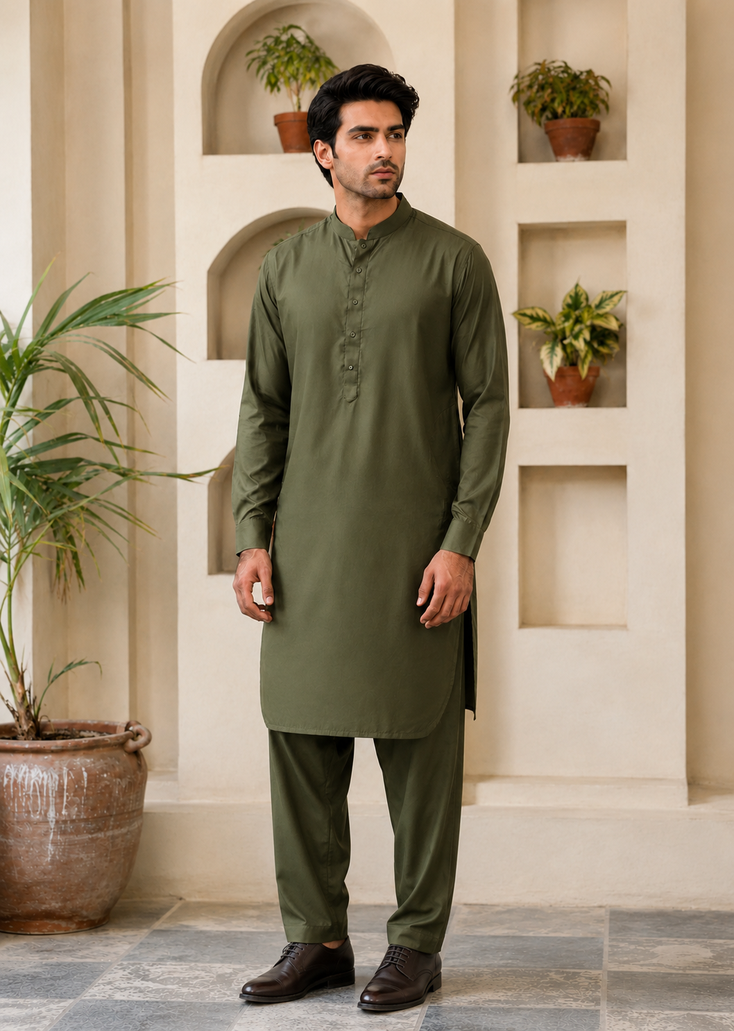 textured wash & wear Shalwar Kameez in Army green