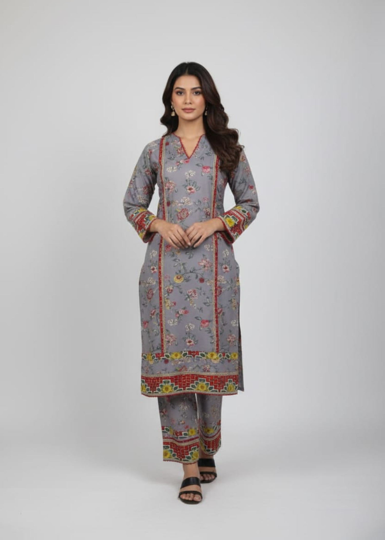 poly lawn Kurta Set in Steal grey