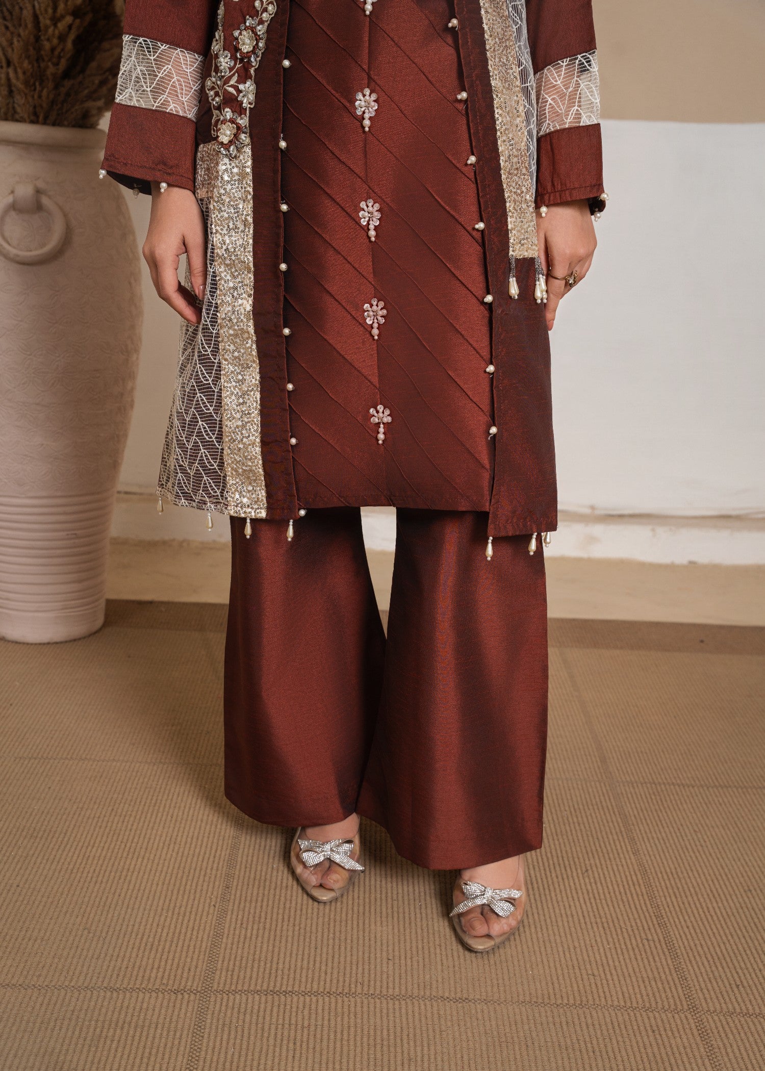 korean raw silk Gown in Brown