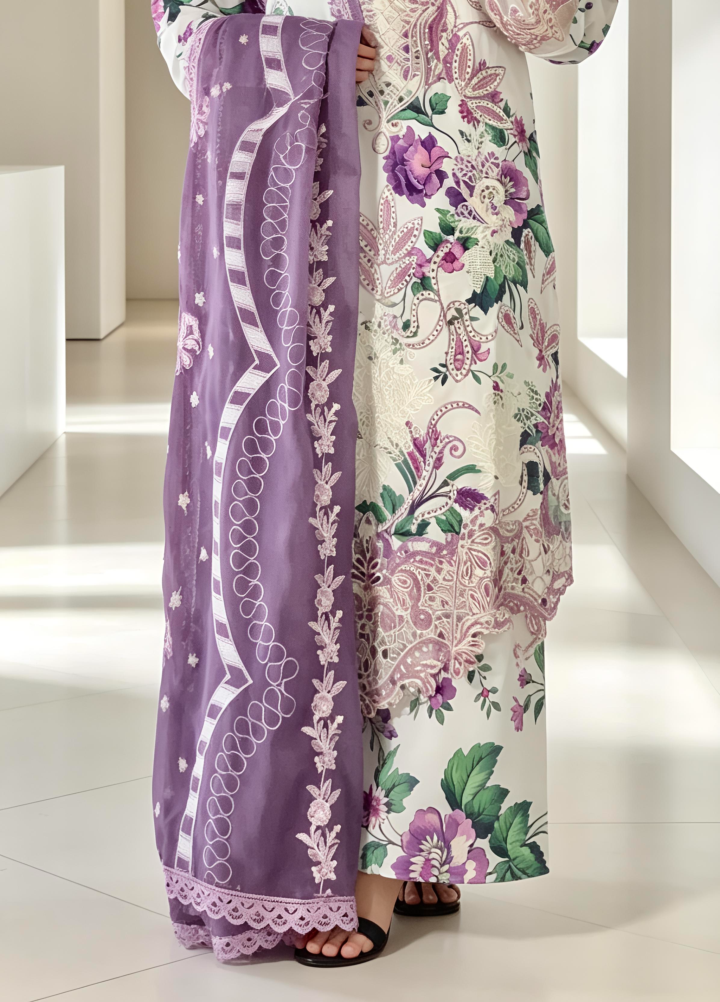 lawn Kurta Set in Purple, white