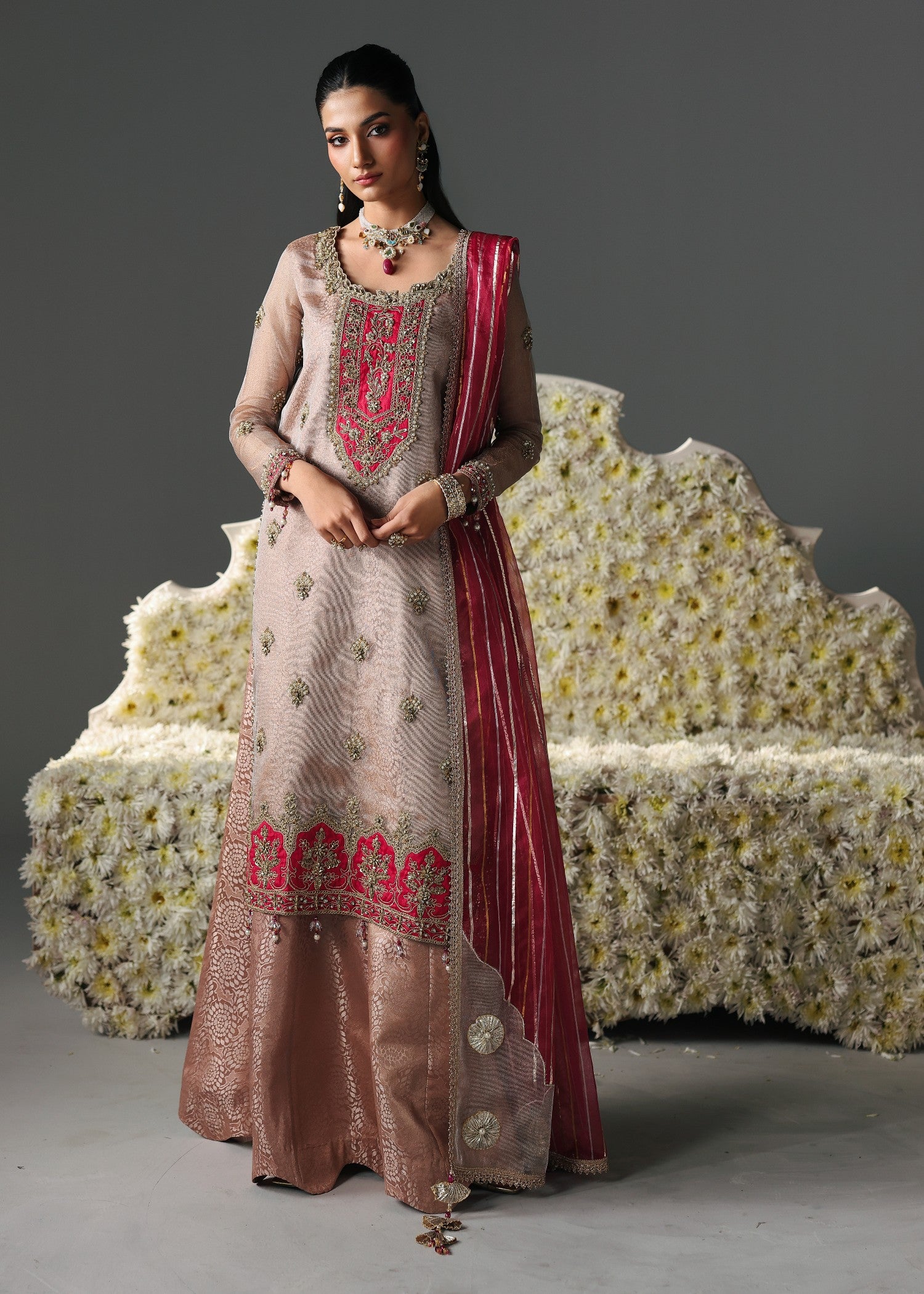 jamawar Sharara in Peach pink, beige