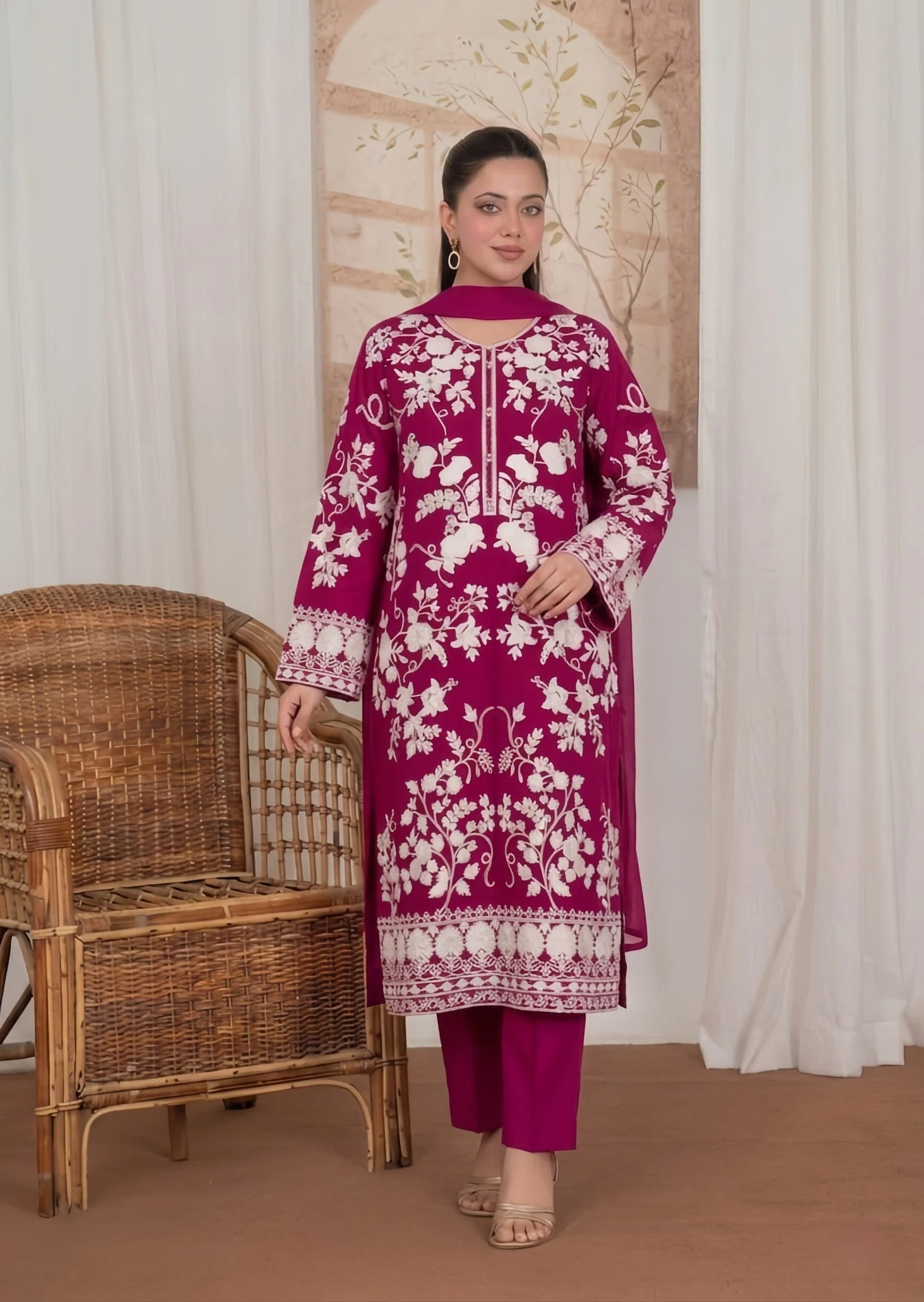 linen Kurta Set in Magenta