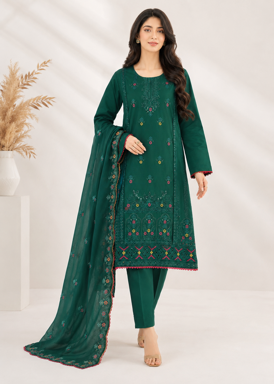 cotton Kurta Set in Forest green