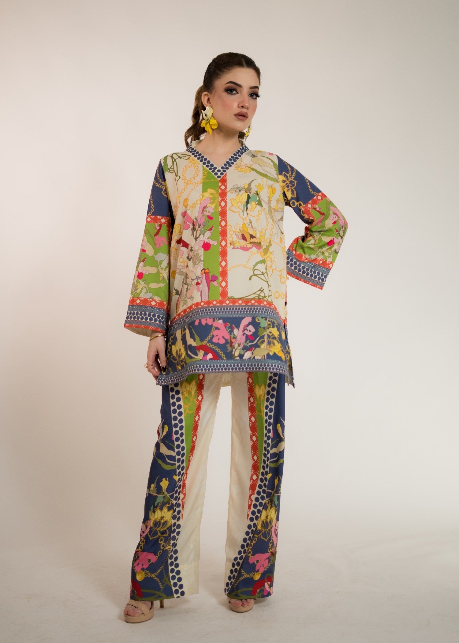silk crepe Co ord Sets in Blue, cream