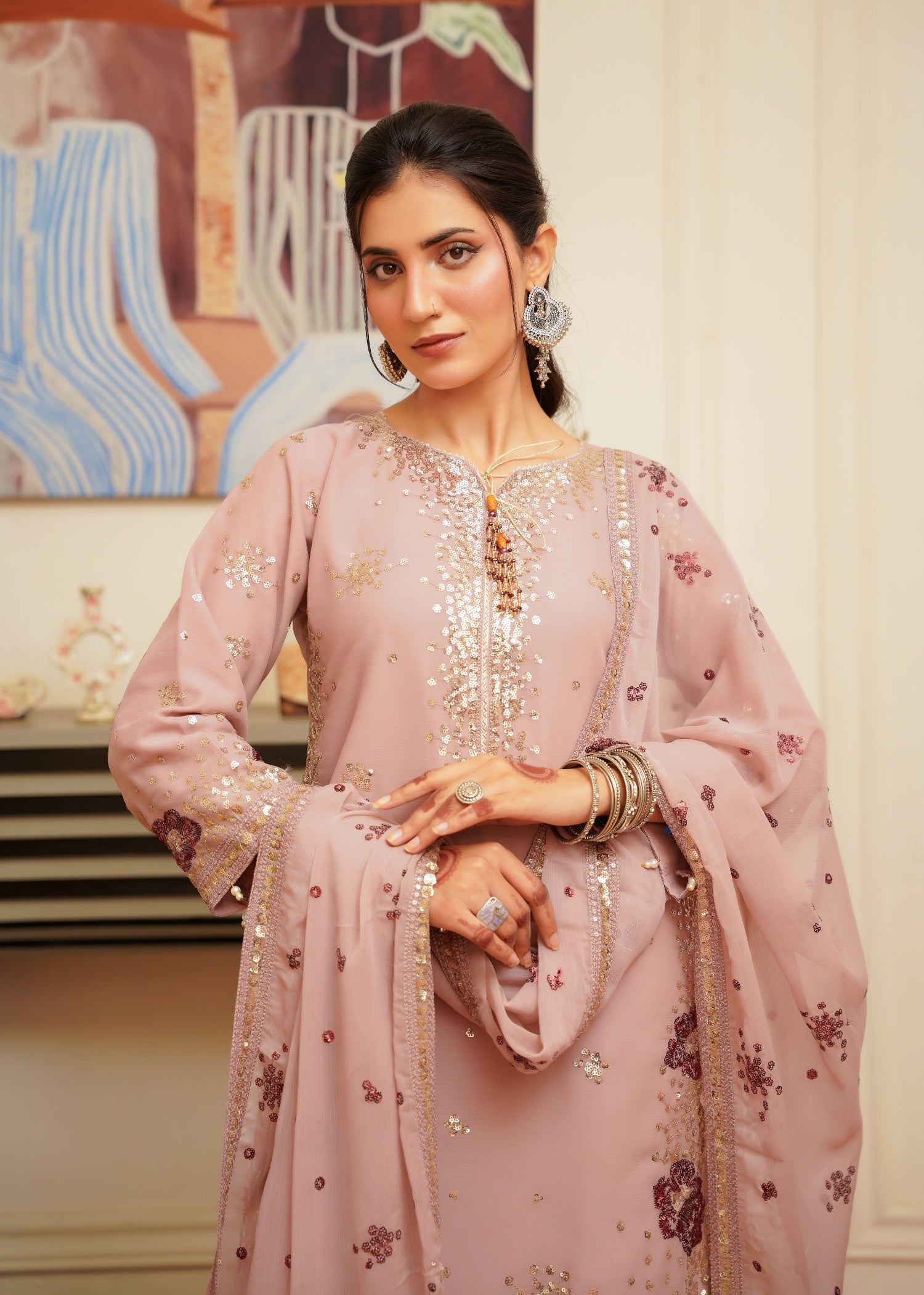 chiffon Kurta Set in Tea rose pink