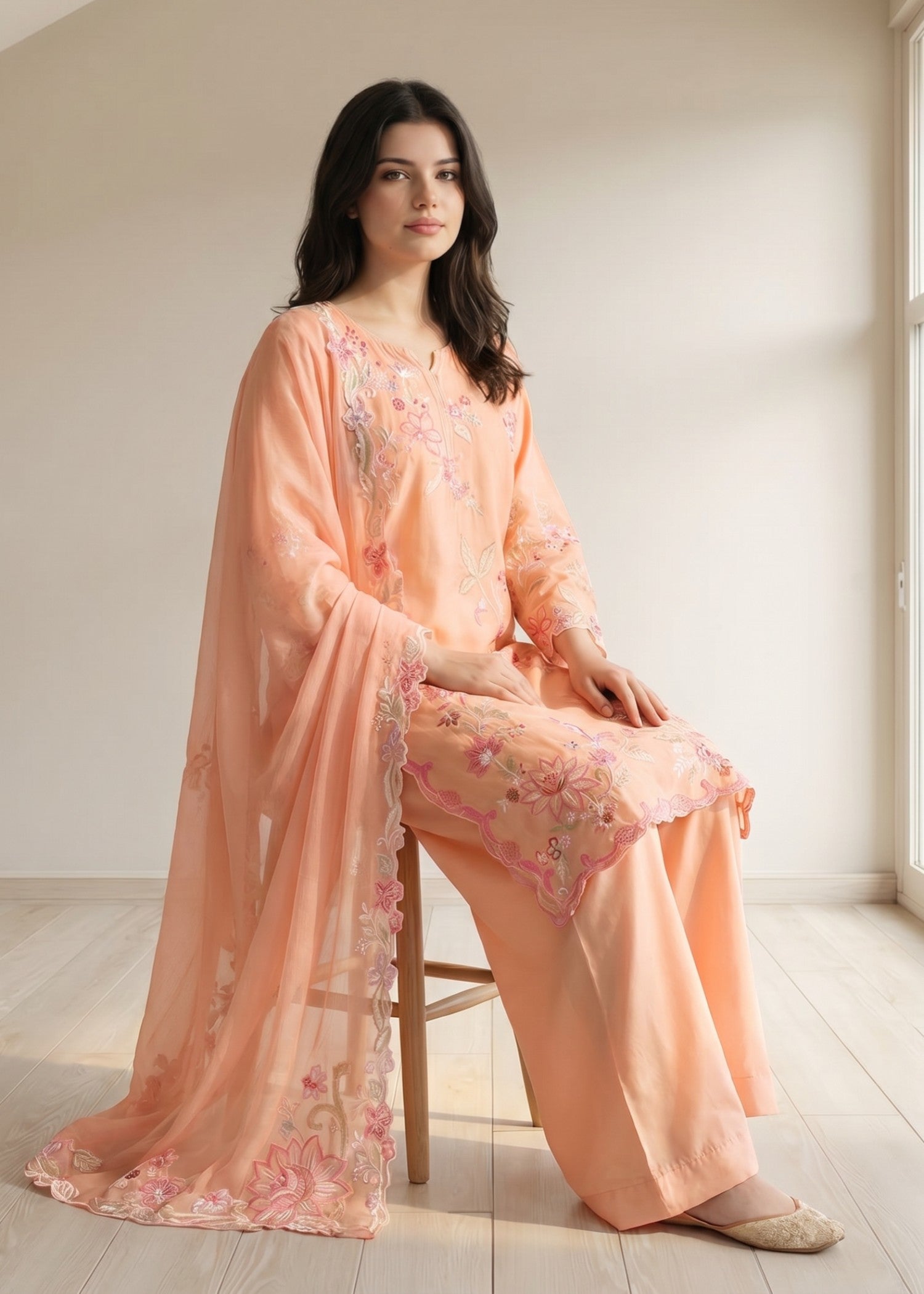 lawn cotton Kurta Set in Peach pink