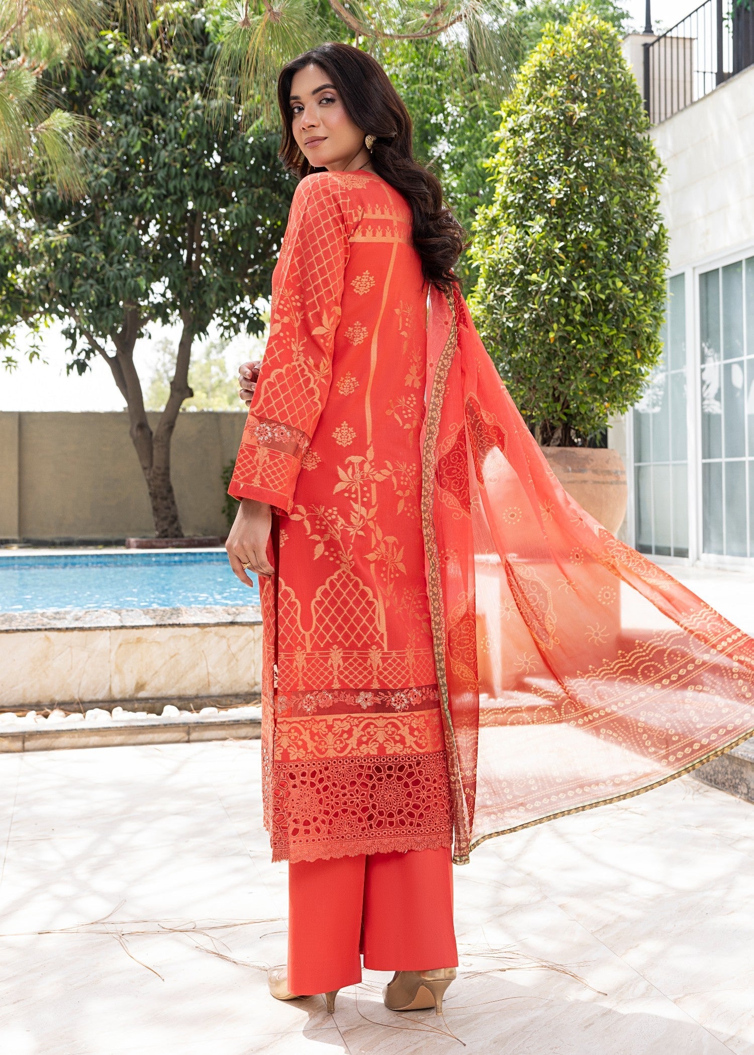 jacquard Kurta Set in Orange