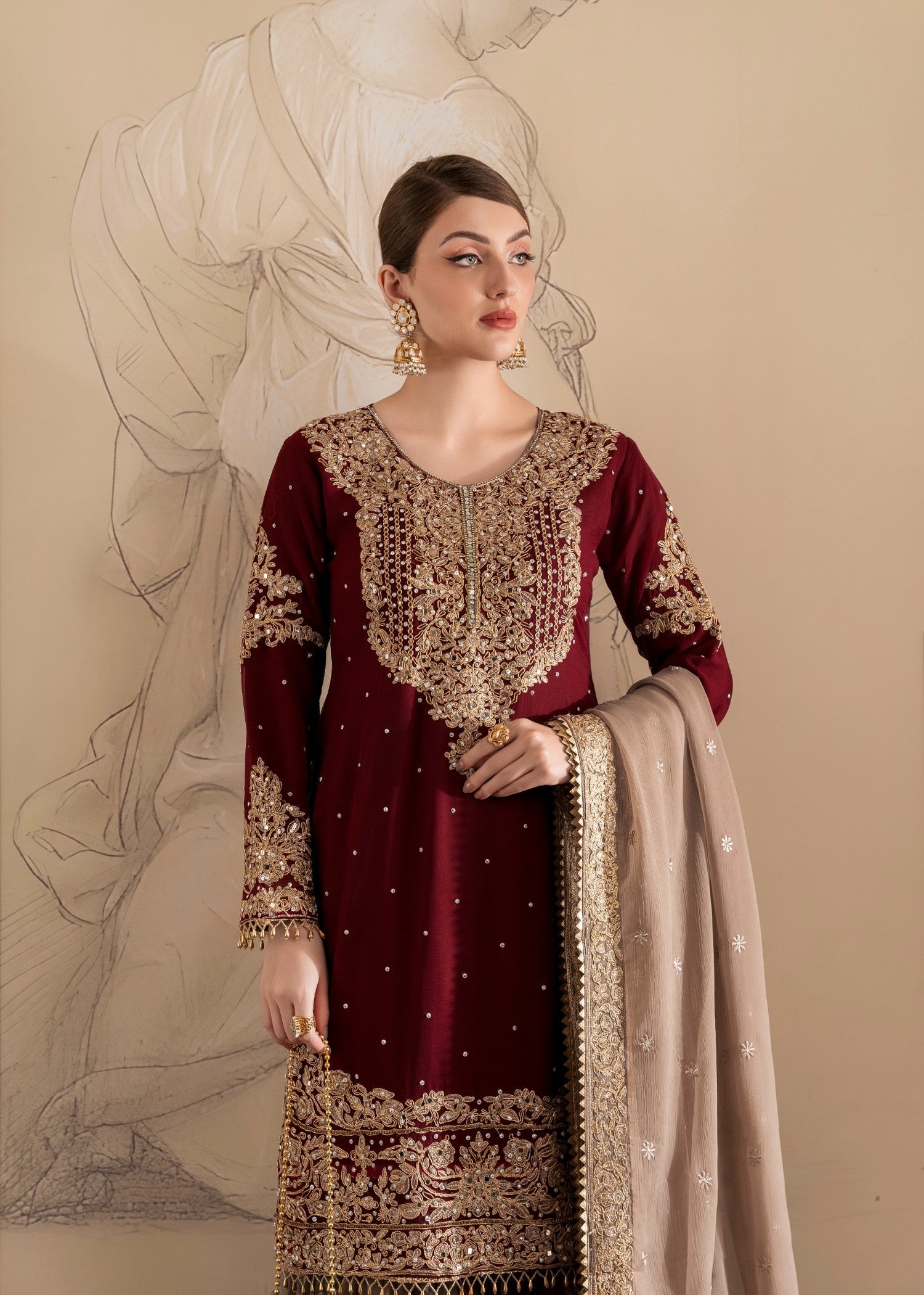 chiffon Gharara in Maroon