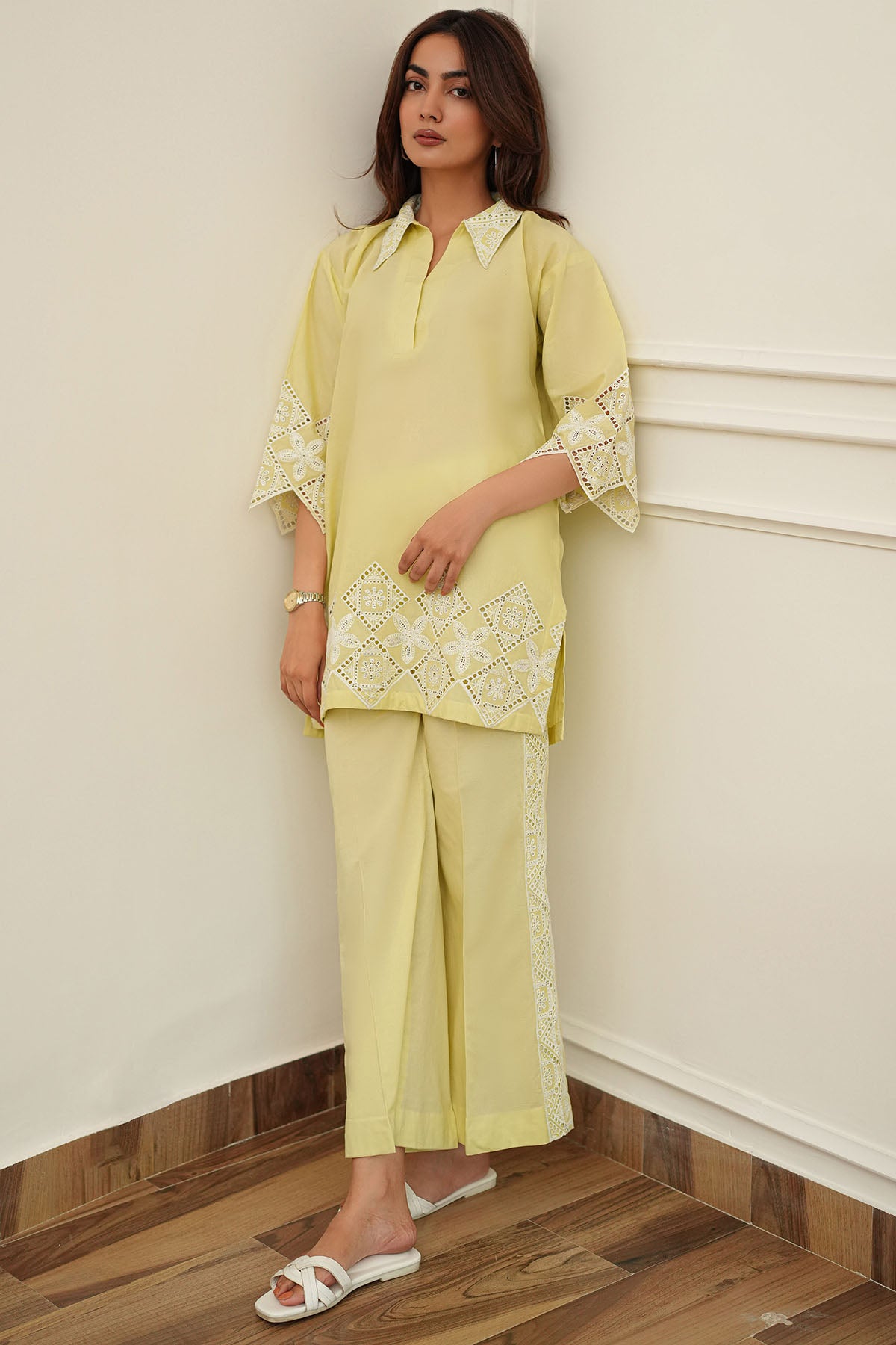 cambric Kurta Set in Light yellow