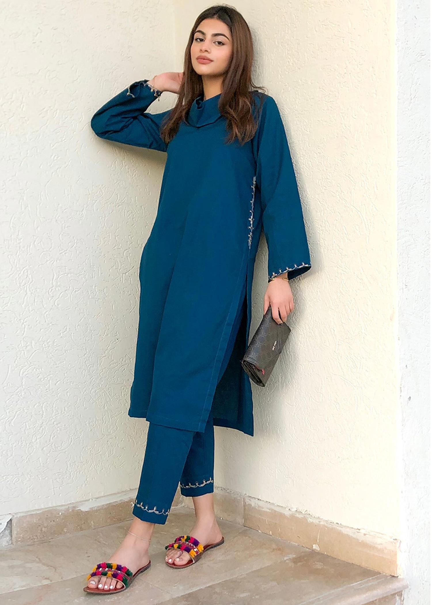 twill cambric Kurta Set in Teal