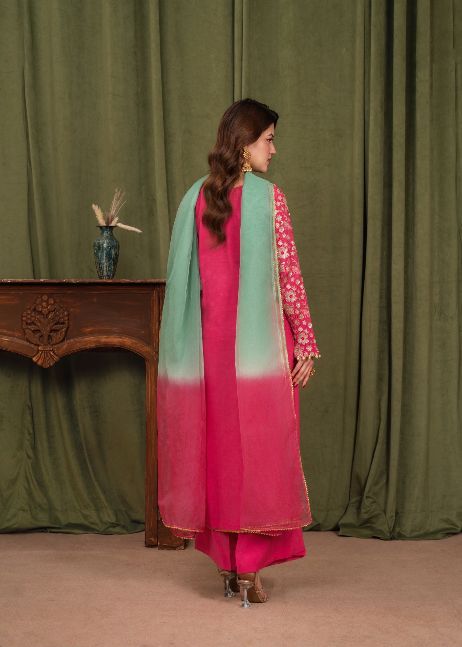 raw silk Kurta Set in Shocking pink