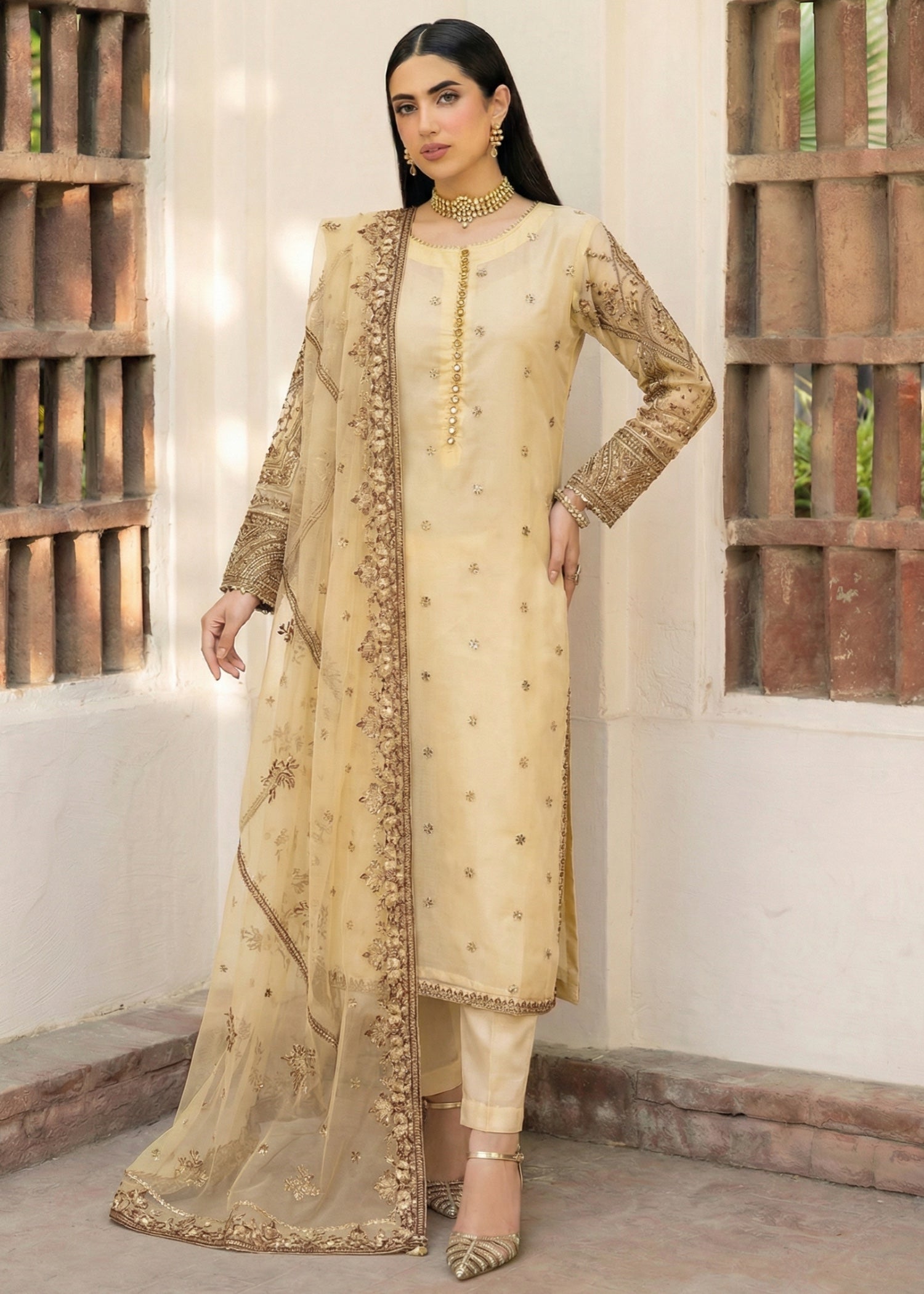net Kurta Set in Cream