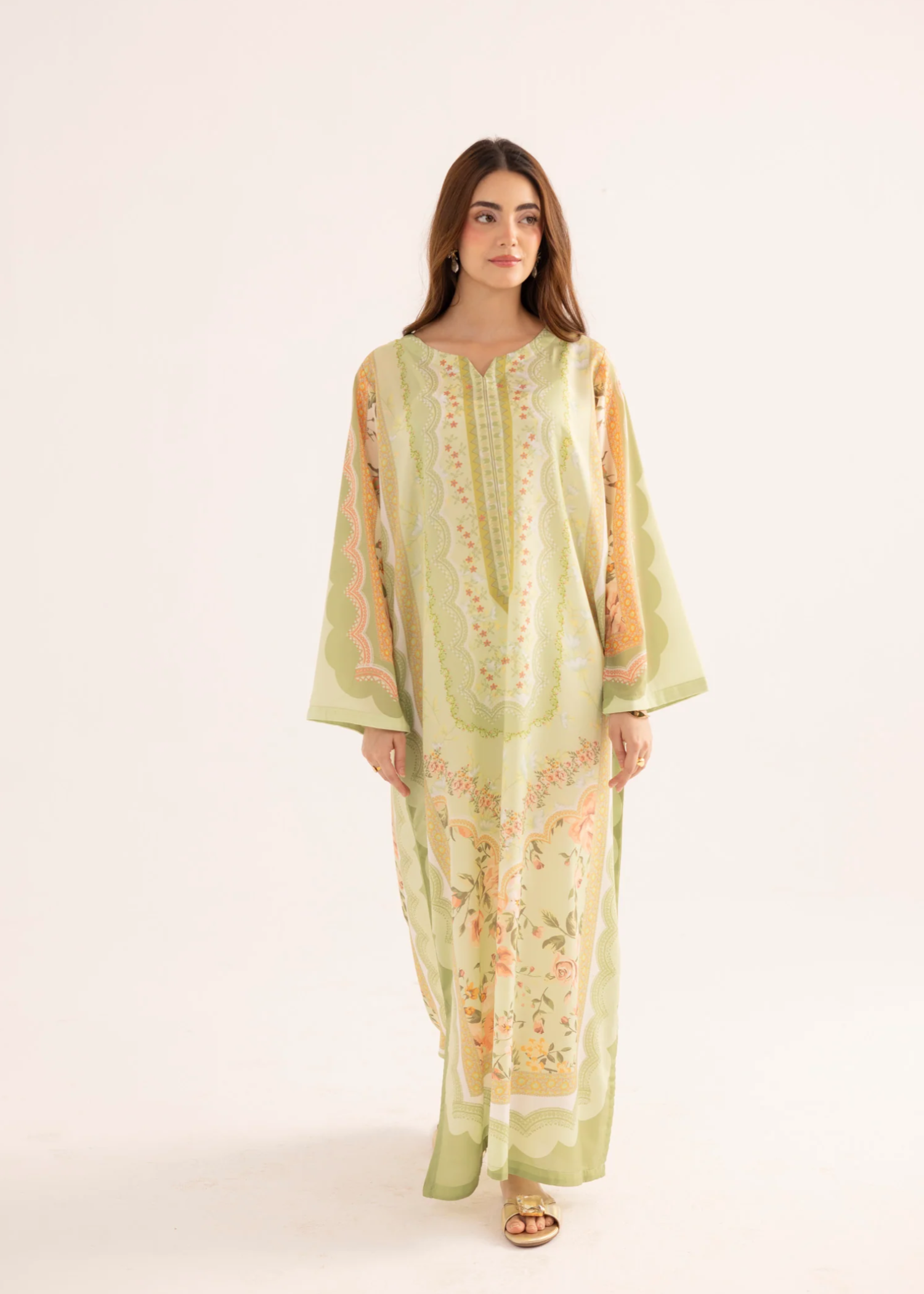 silk finish lawn Kaftan in Acid yellow
