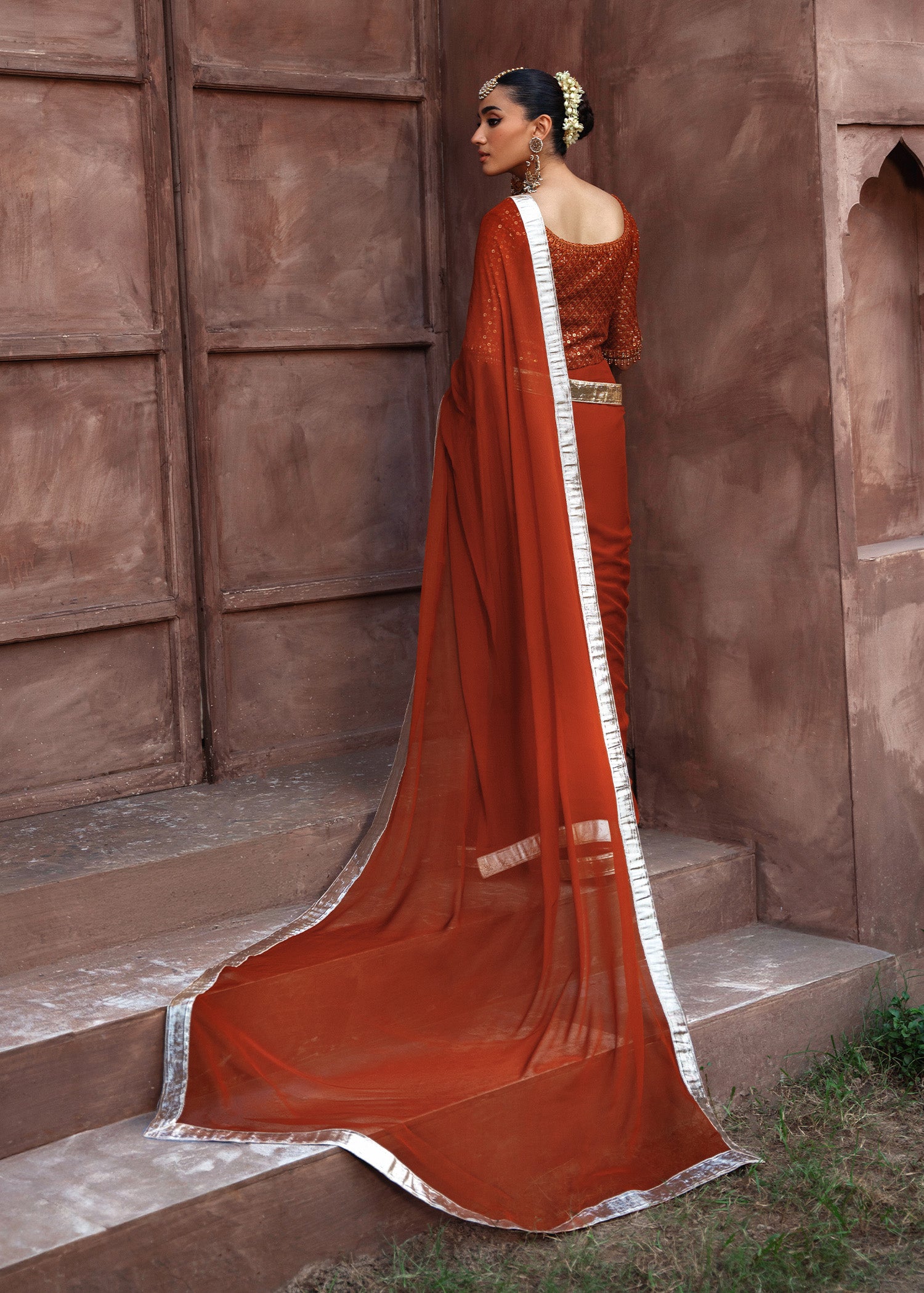 chiffon Saree in Rust orange