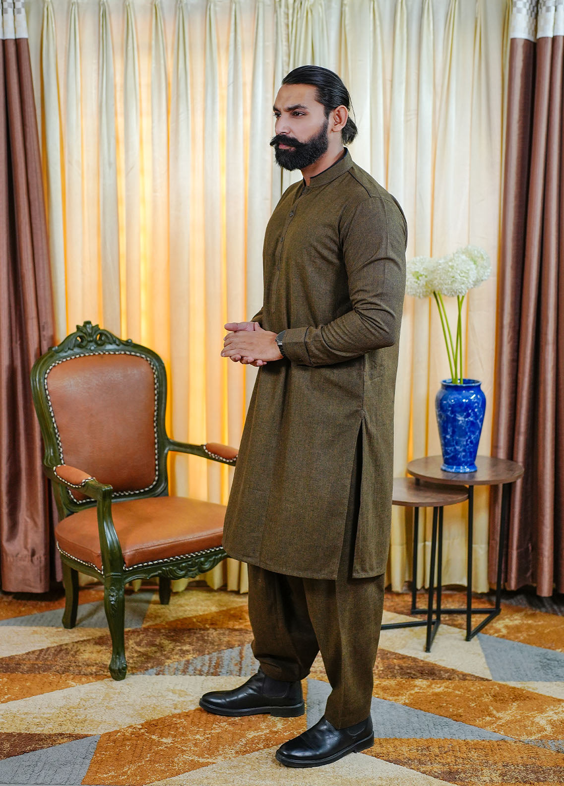 woolen karandi Shalwar Kameez in Brown