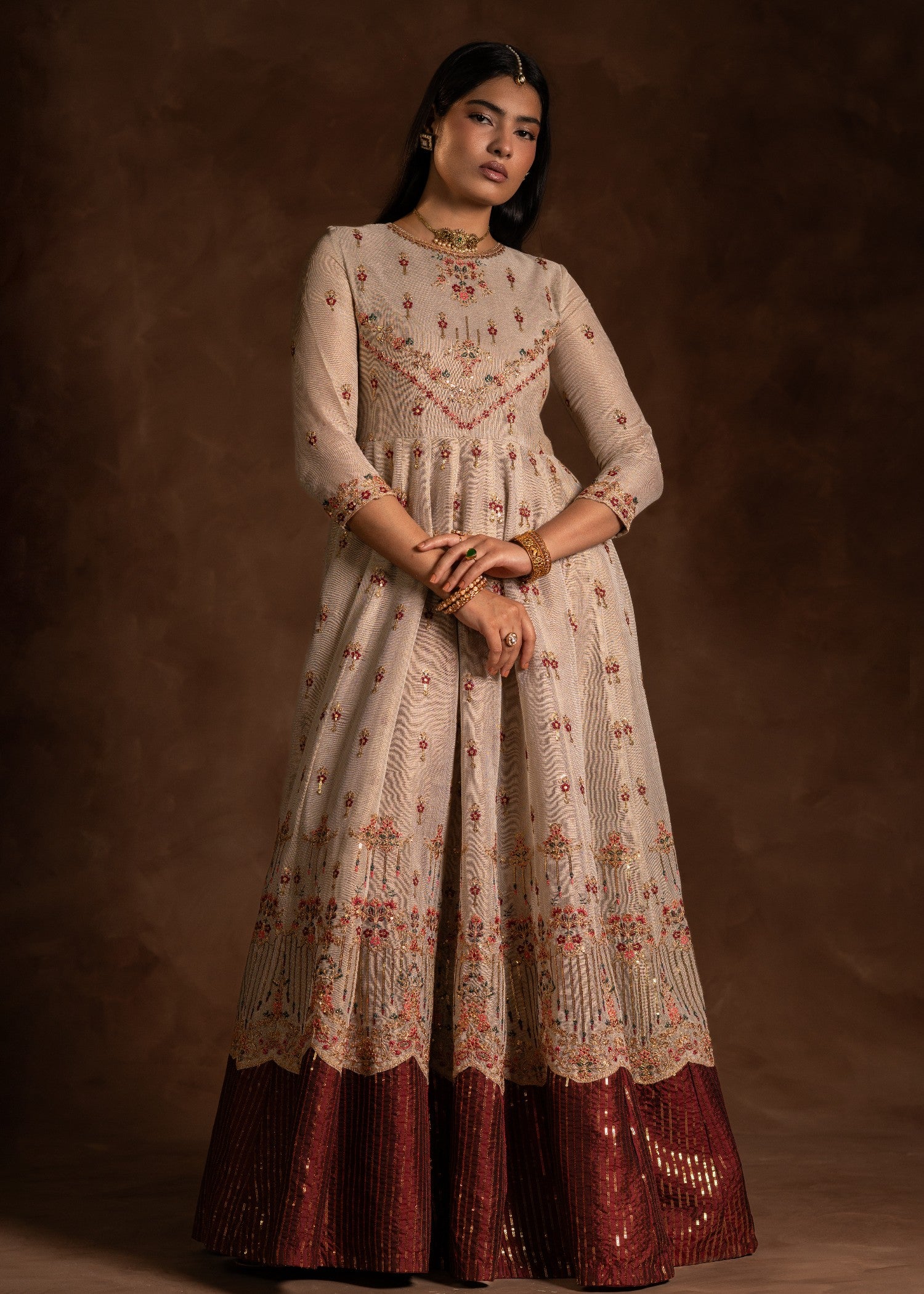 cotton net Pishwas in Maroon, beige