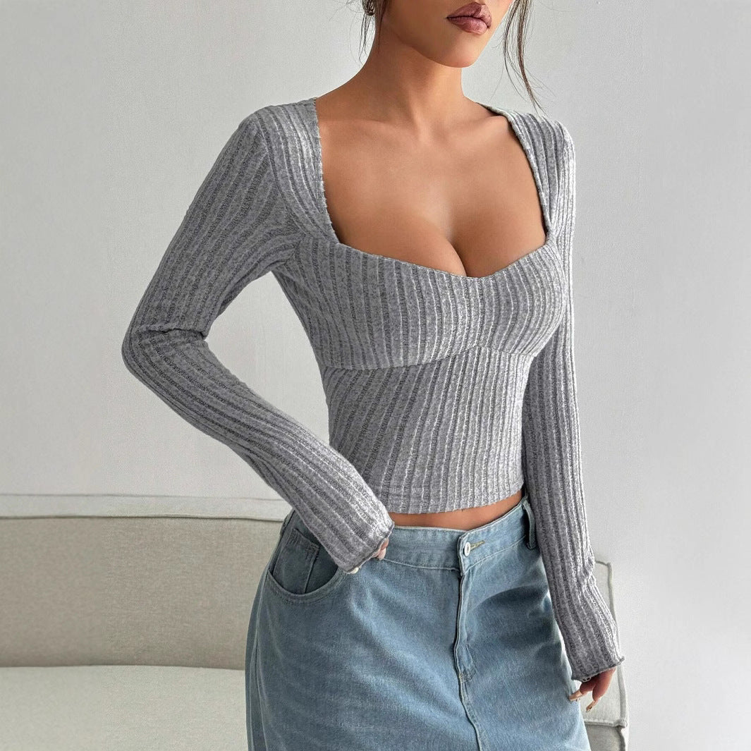 Women's Sunken Stripe Brushed T-shirt Short Midriff-baring Top