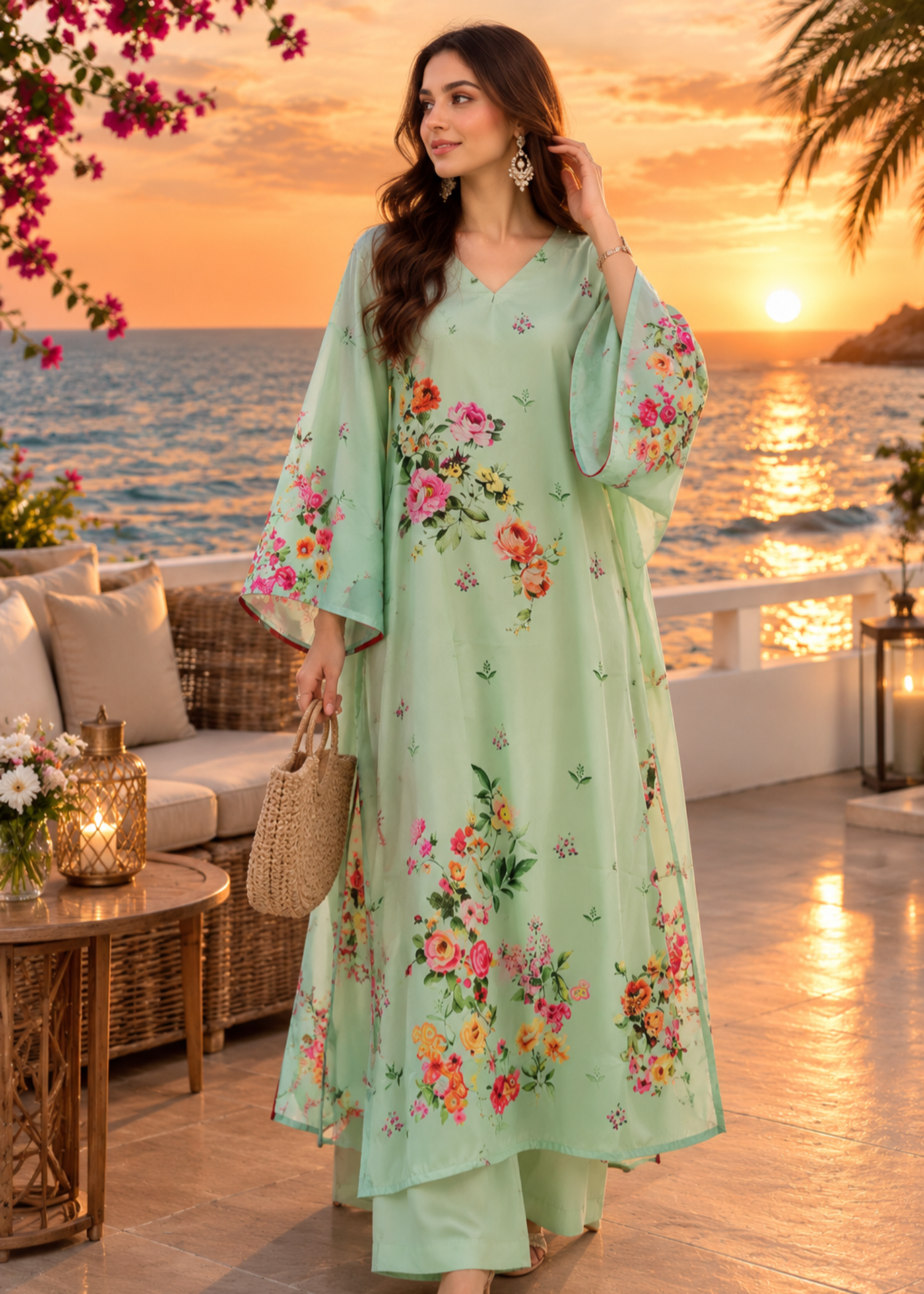 silk charmeuse Kaftan in Pastel green