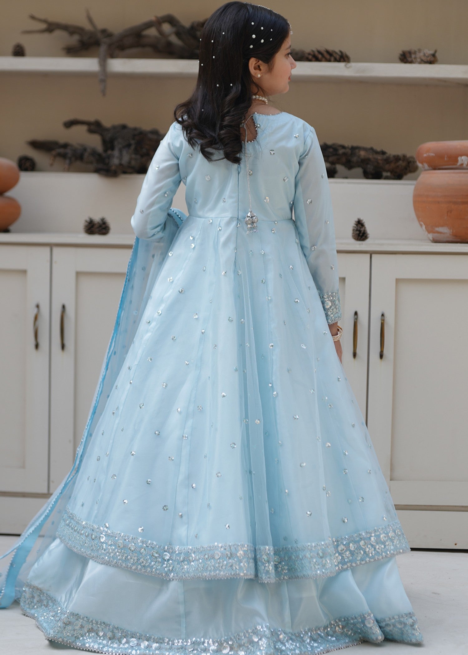 net Lehenga in Sky blue