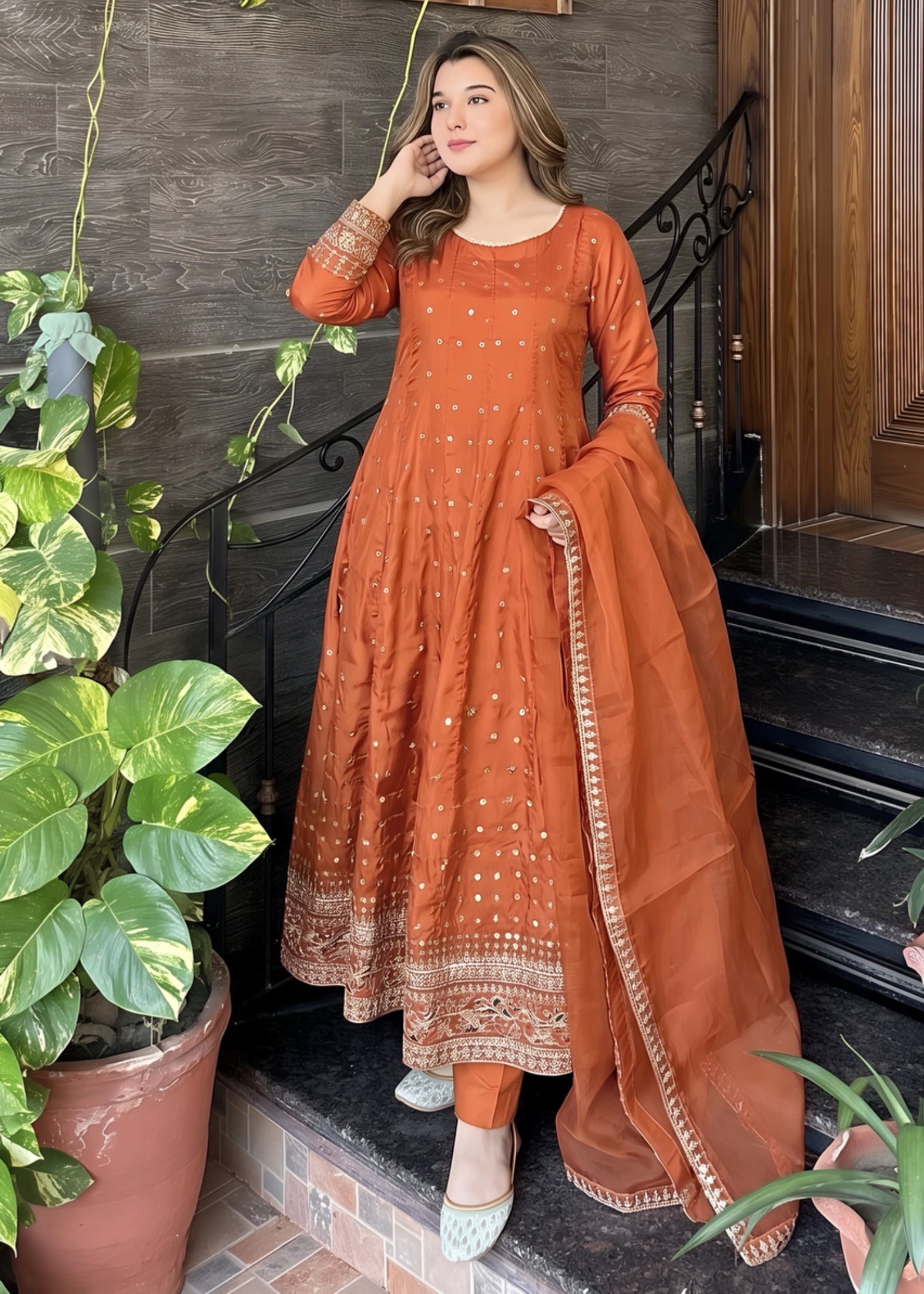 silk Pishwas in Rust orange