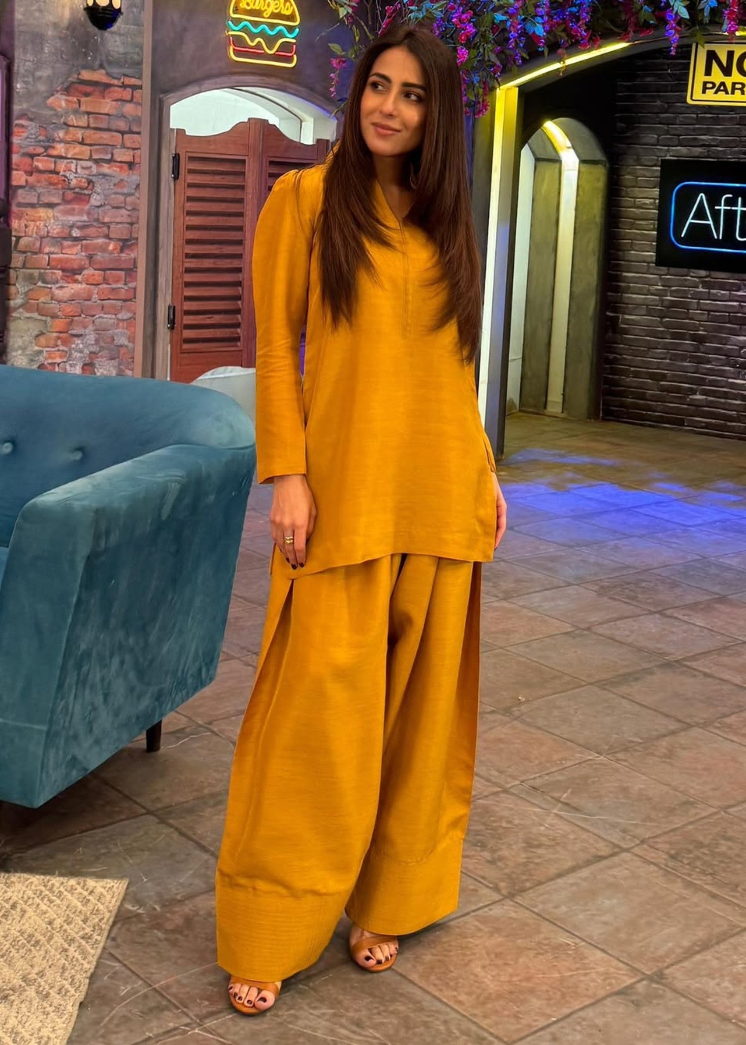 indian raw silk Kurta Set in Saffron