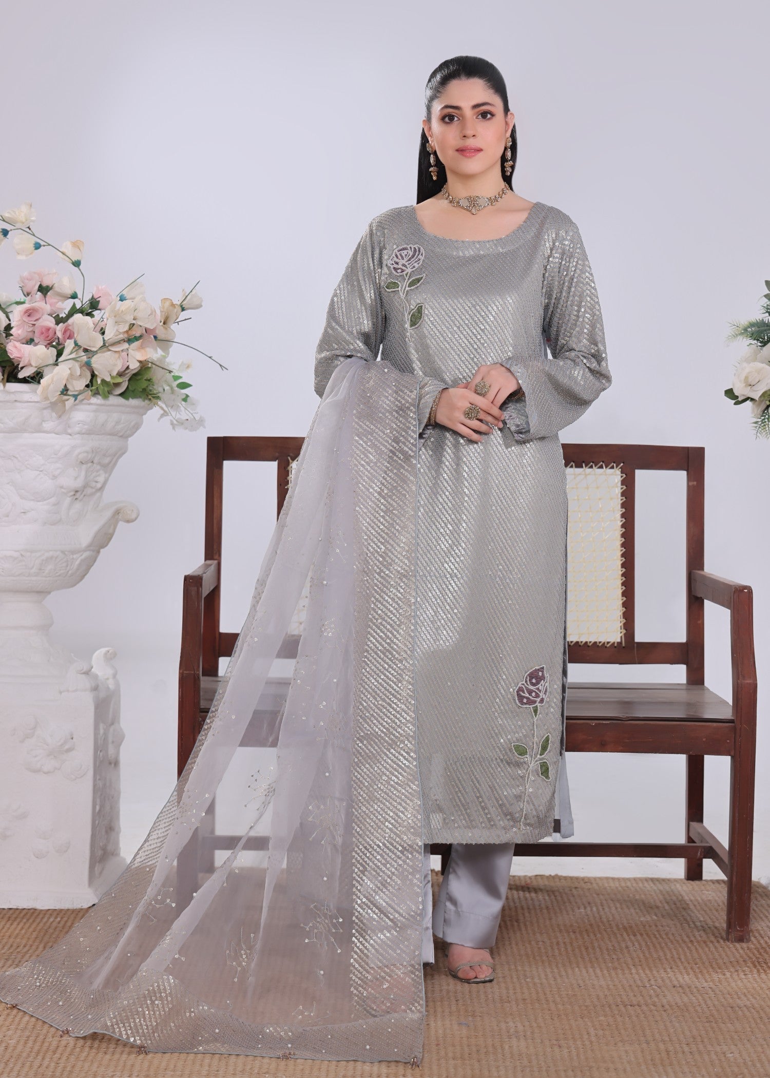 chiffon Kurta Set in Ash grey