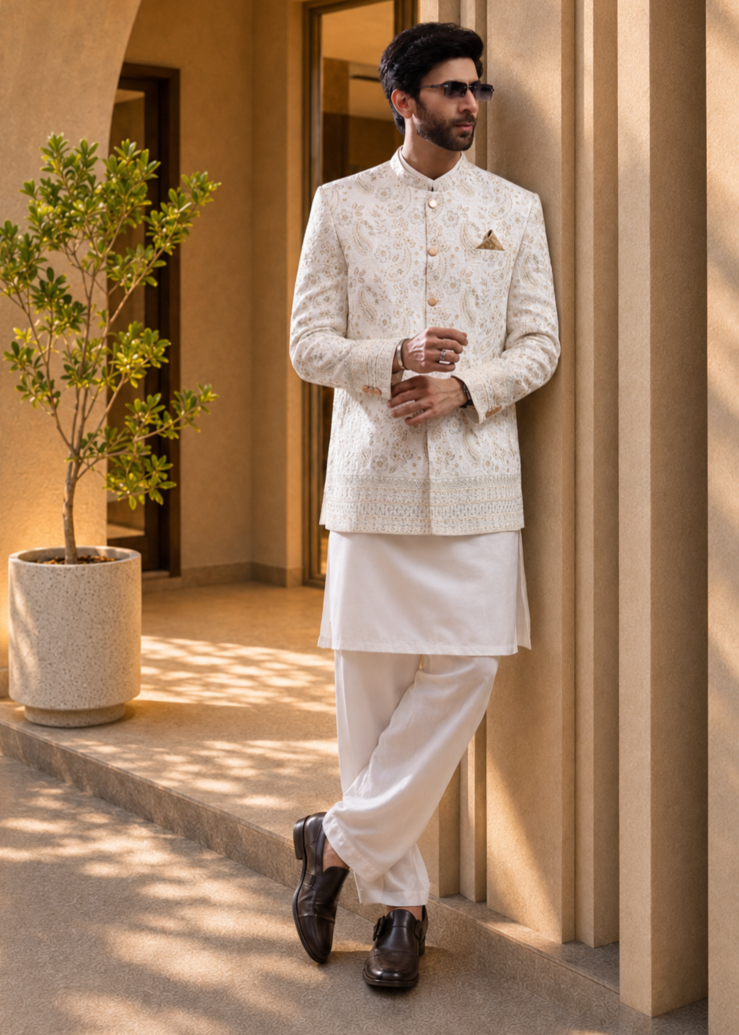 jamawar Prince Coat in Off-white