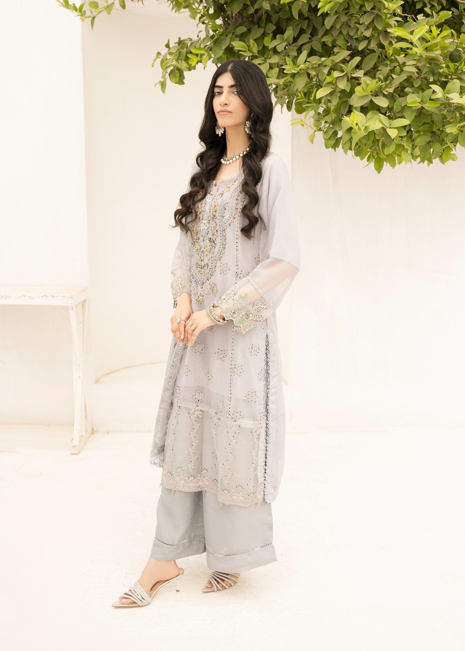 chiffon Kurta Set in Grey