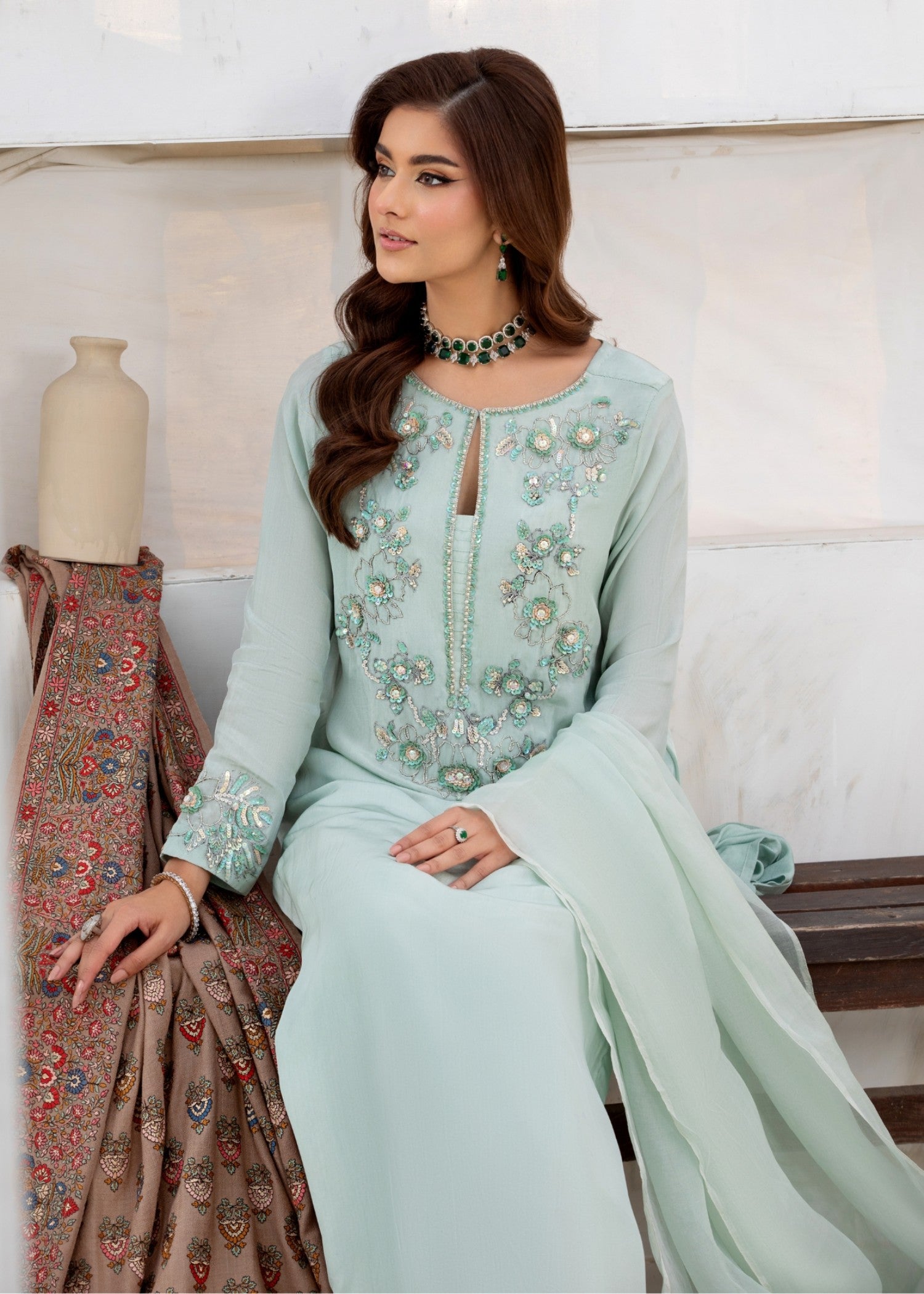 korean raw silk Kurta Set in Meadow green