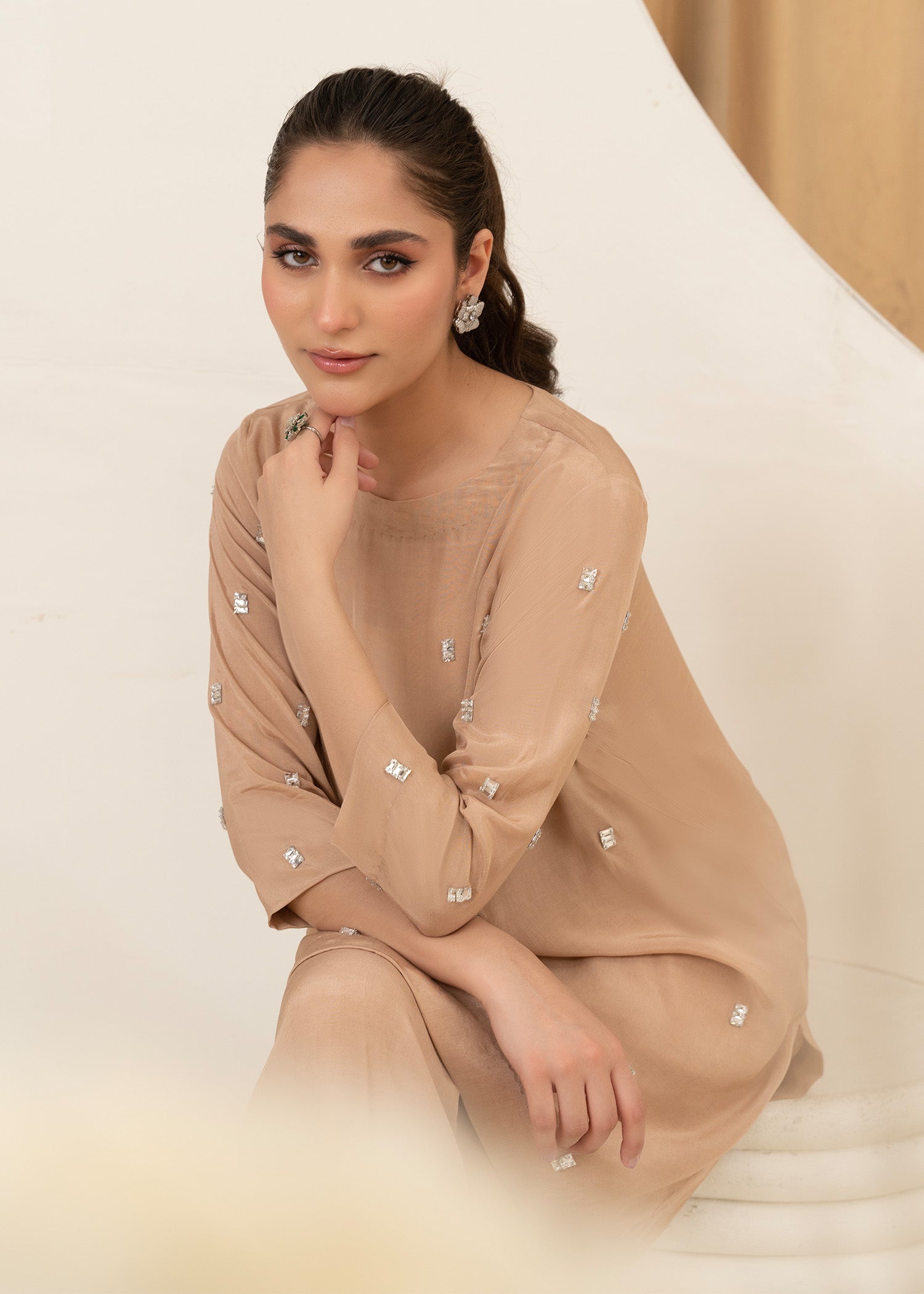 thai silk Kurta Set in Beige