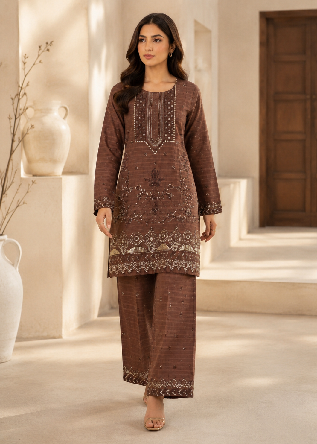 lawn Kurta Set in Brown