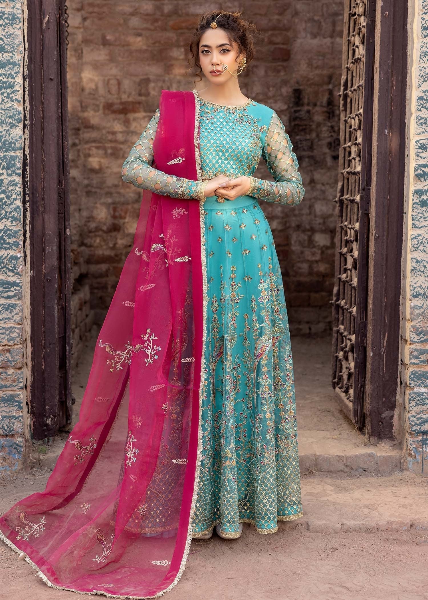 net Lehenga in Turquoise