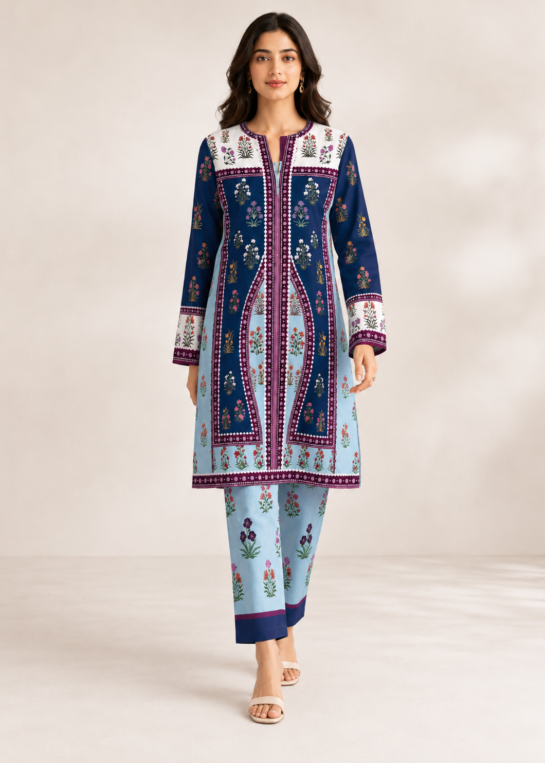 lawn Unstitched in Ice blue, navy blue, white