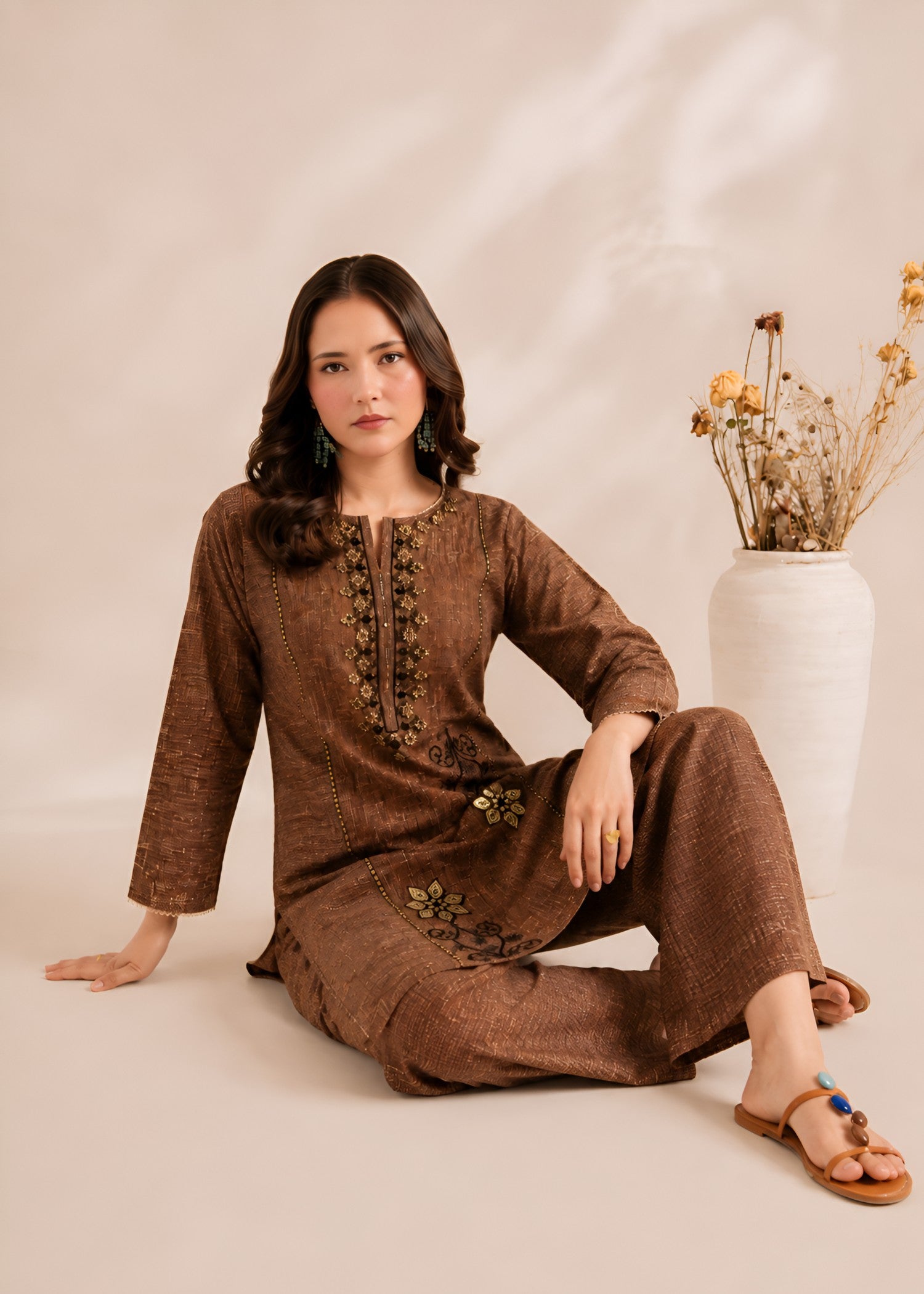 cambric Kurta Set in Chocolate brown